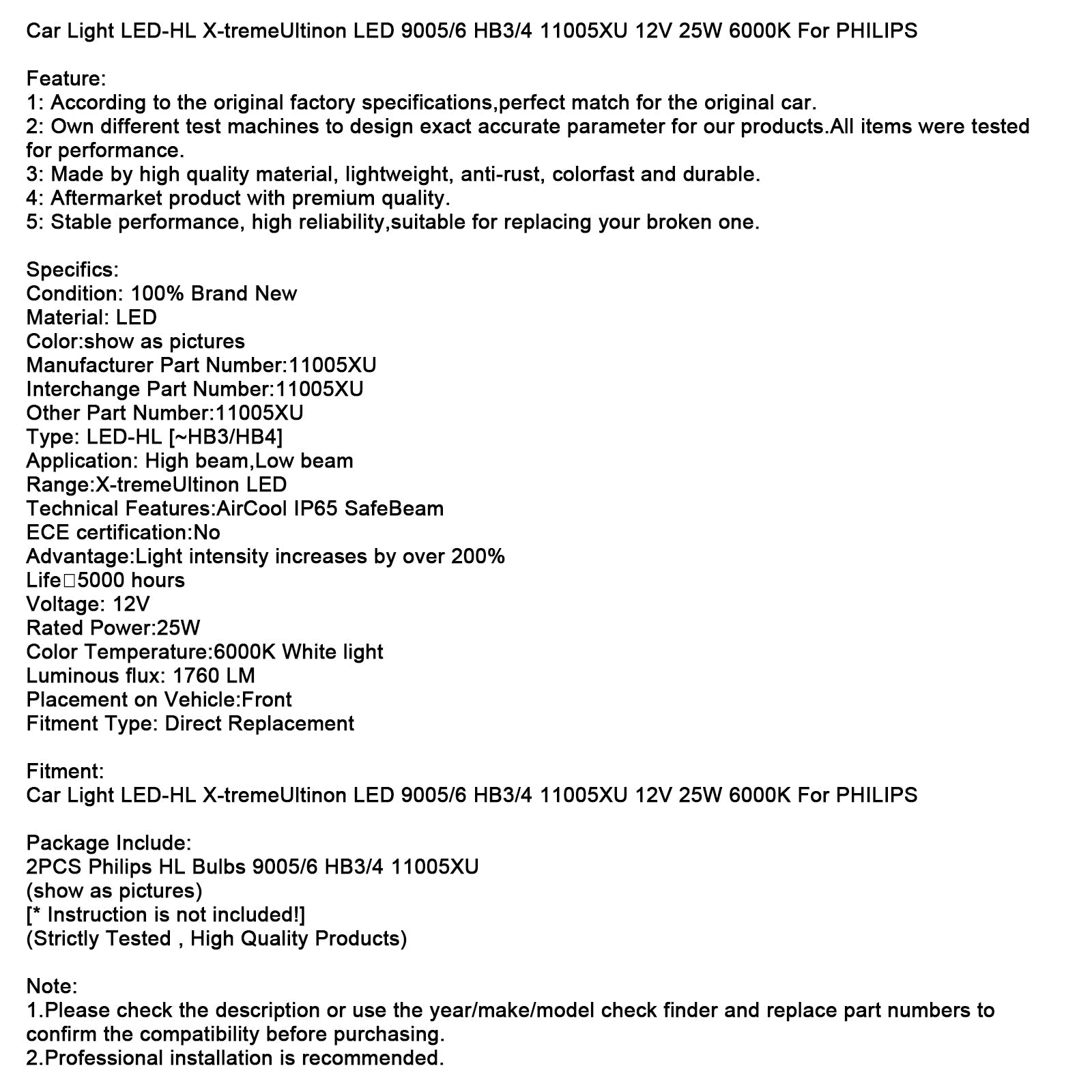 Phare de voiture LED-HL X-tremeUltinon LED 9005/6 HB3/4 11005XU 12V 25W pour PHILIPS