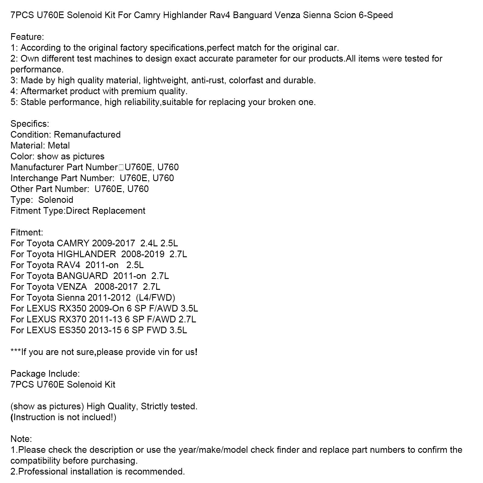 2011-2013 LEXUS RX370 6 SP F/AWD 2.7L 7 piezas U760E Kit de solenoide de 6 velocidades