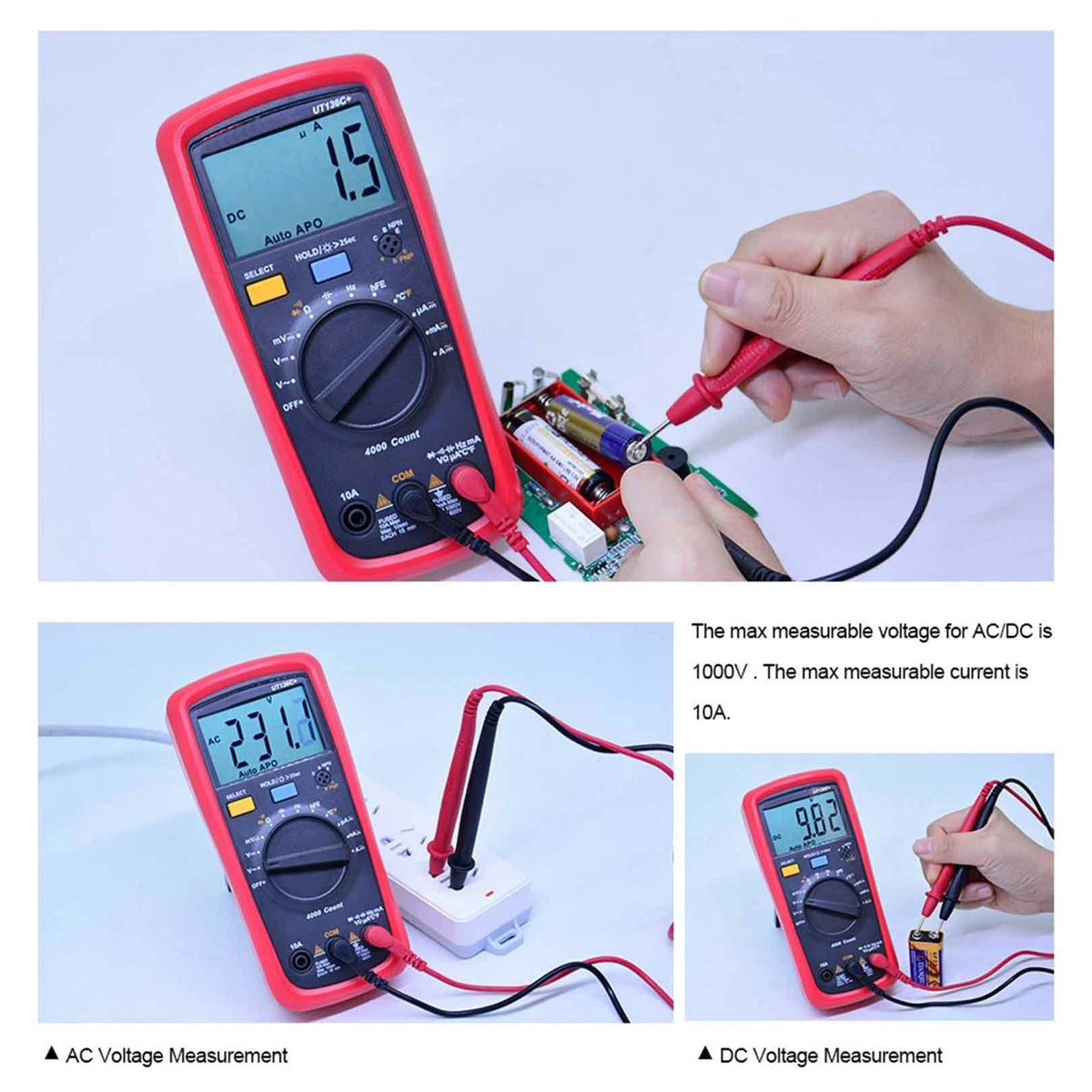 UT136C+ digitale multimeter: AC/DC-multimetertester, voltmeter, ampèremeter, ohmmeter