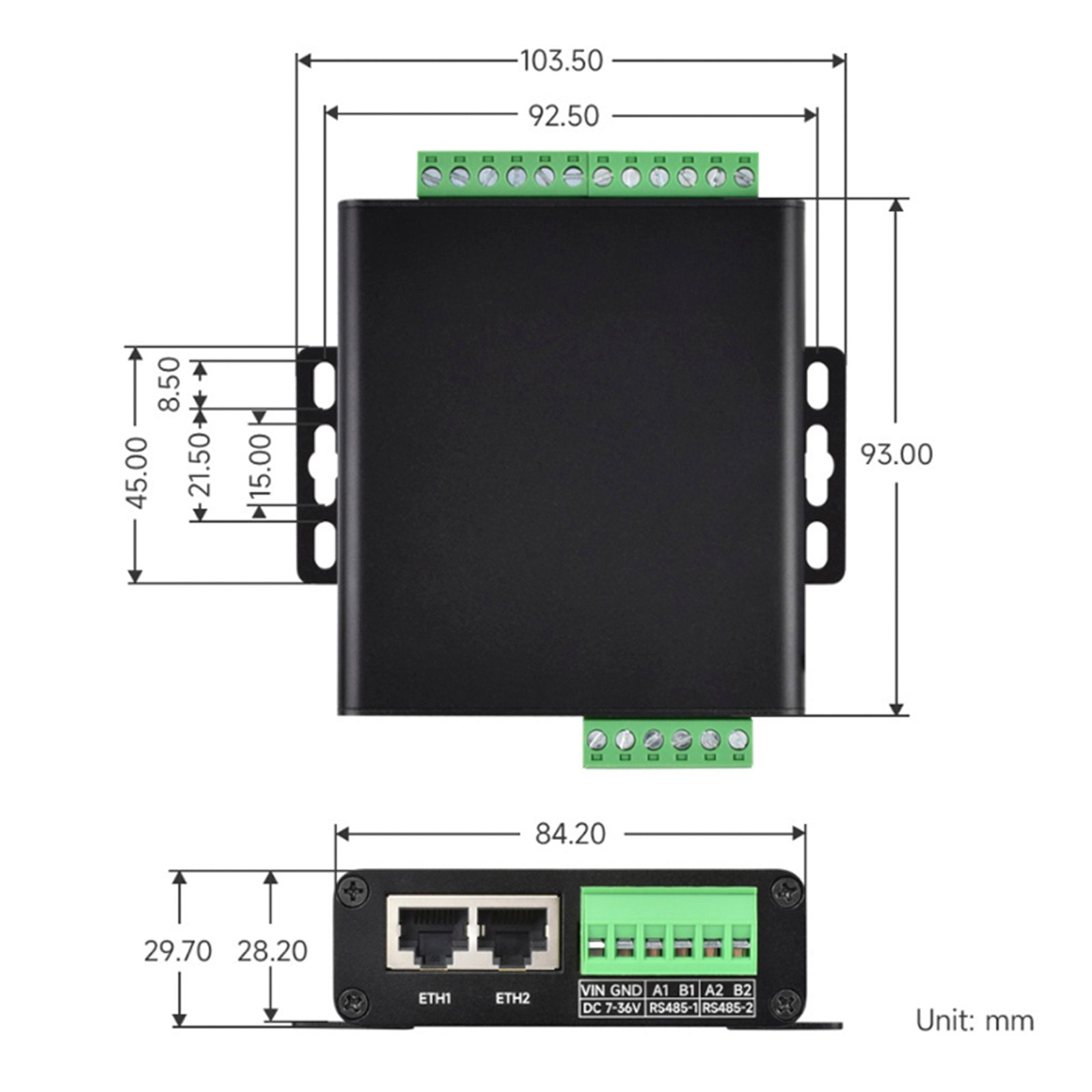 Modulo di porta seriale industriale isolato, gateway Ethernet RS485 a RJ45 in otto tracce