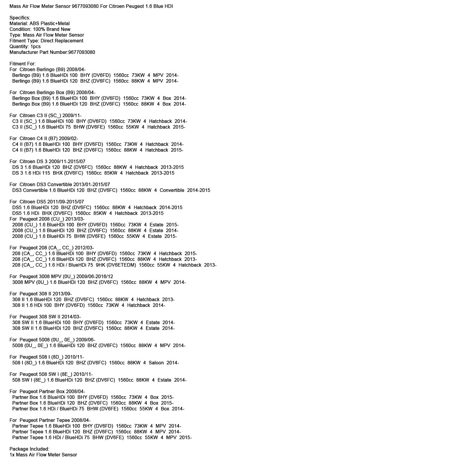 Stroommetersensor d'massalucht 9677093080 voor Citroën Peugeot 1.6 Blue HDI