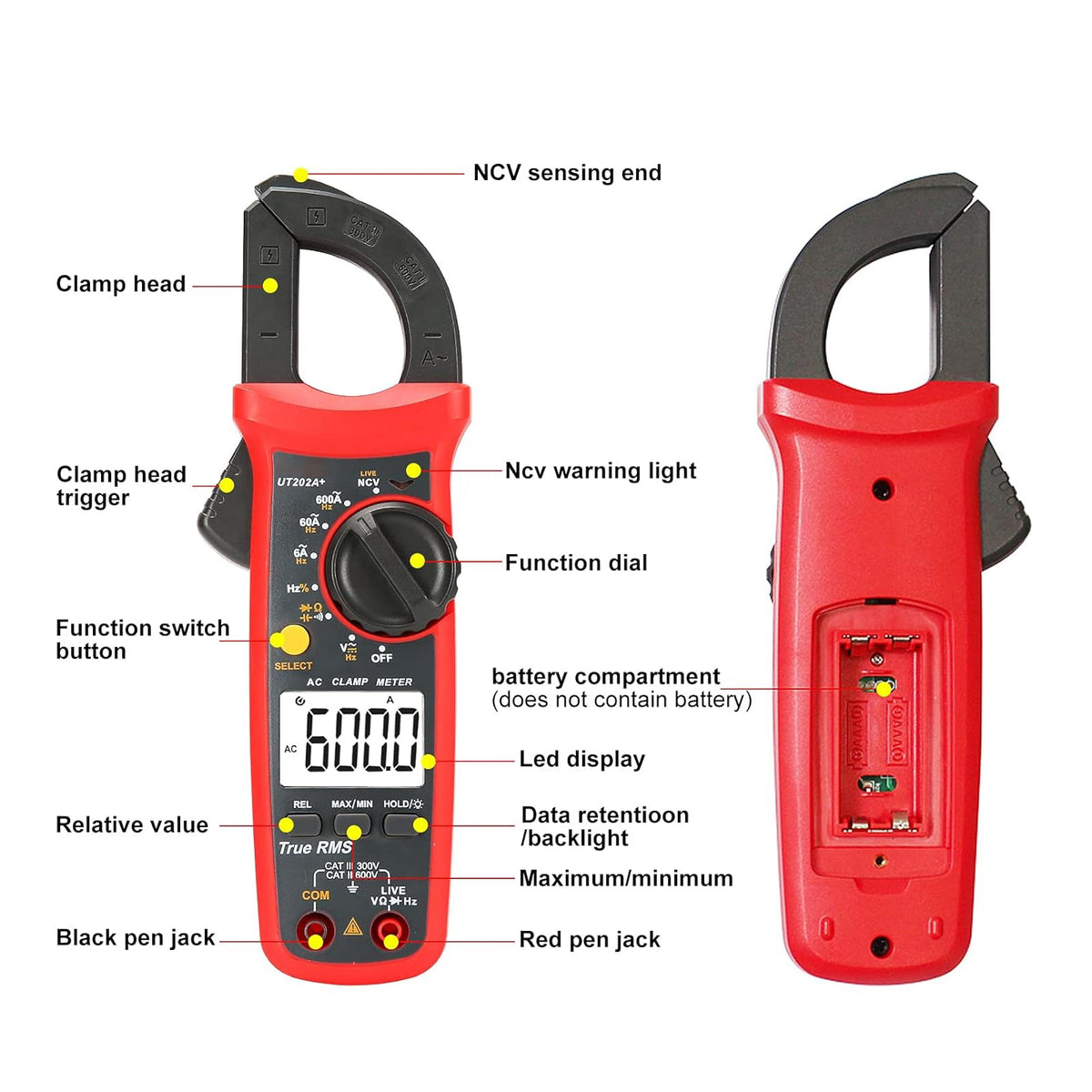 UT202A+ Digitale stroomtang, 6000 tellingen, automatische bereikselectie, True RMS-multimeter, NCV