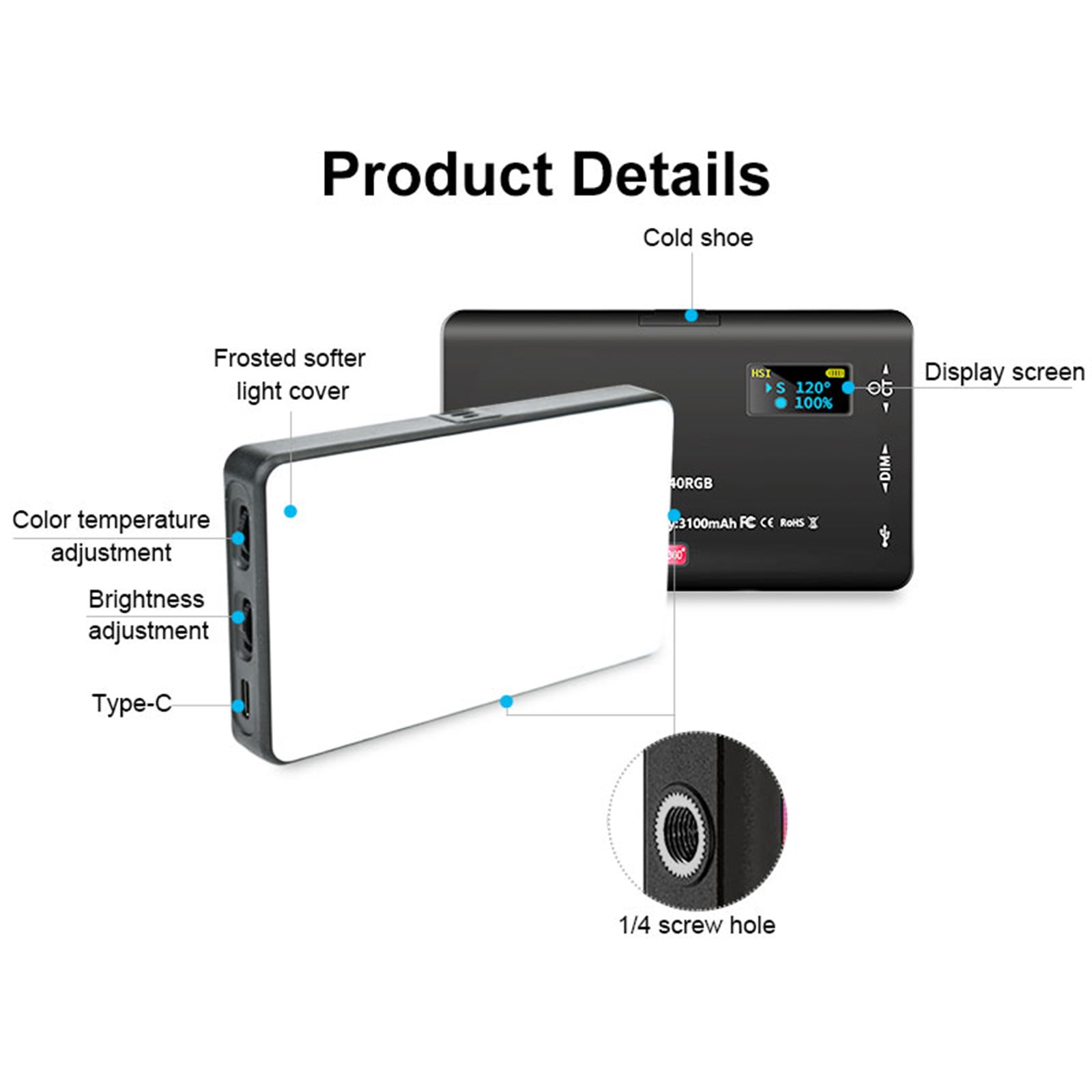 Luz de relleno LED RGB W140 para cámara de vídeo, teléfono móvil, belleza en vivo, al aire libre