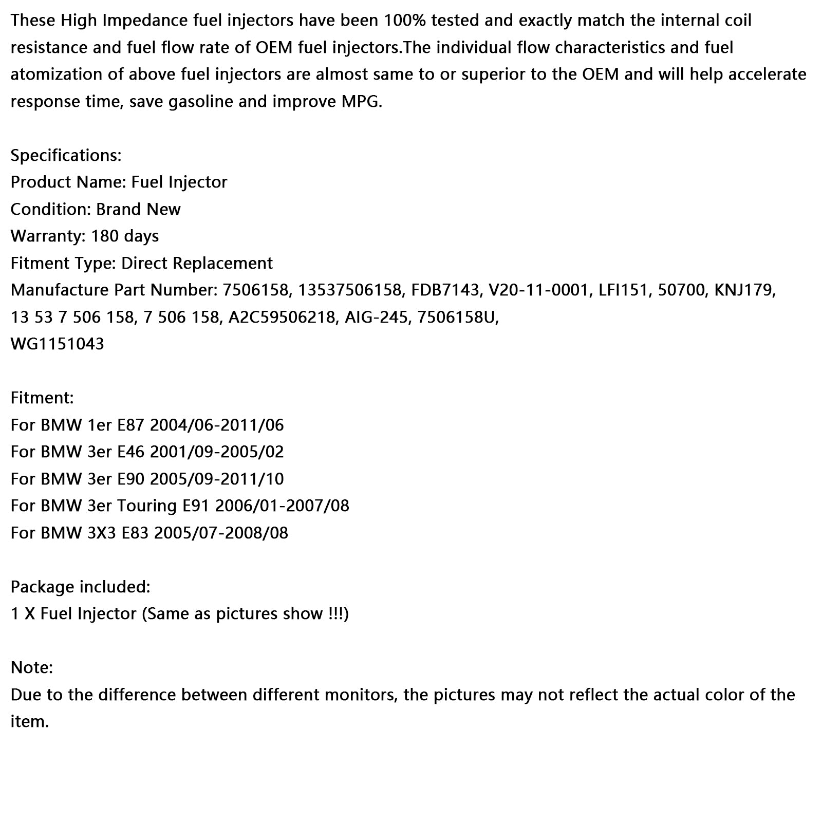 Iniettore di carburante 13537506158 per BMW 116i 120i 316i 318i 320i X3 Z4 7506158