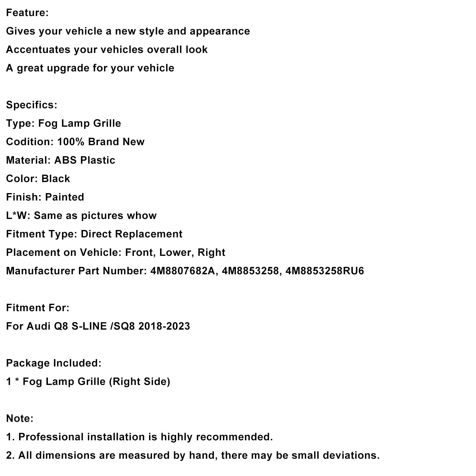 Mreža sprednjega desnega odbijača Audi Q8 S-Line SQ8 2018-2023 4M8807682A