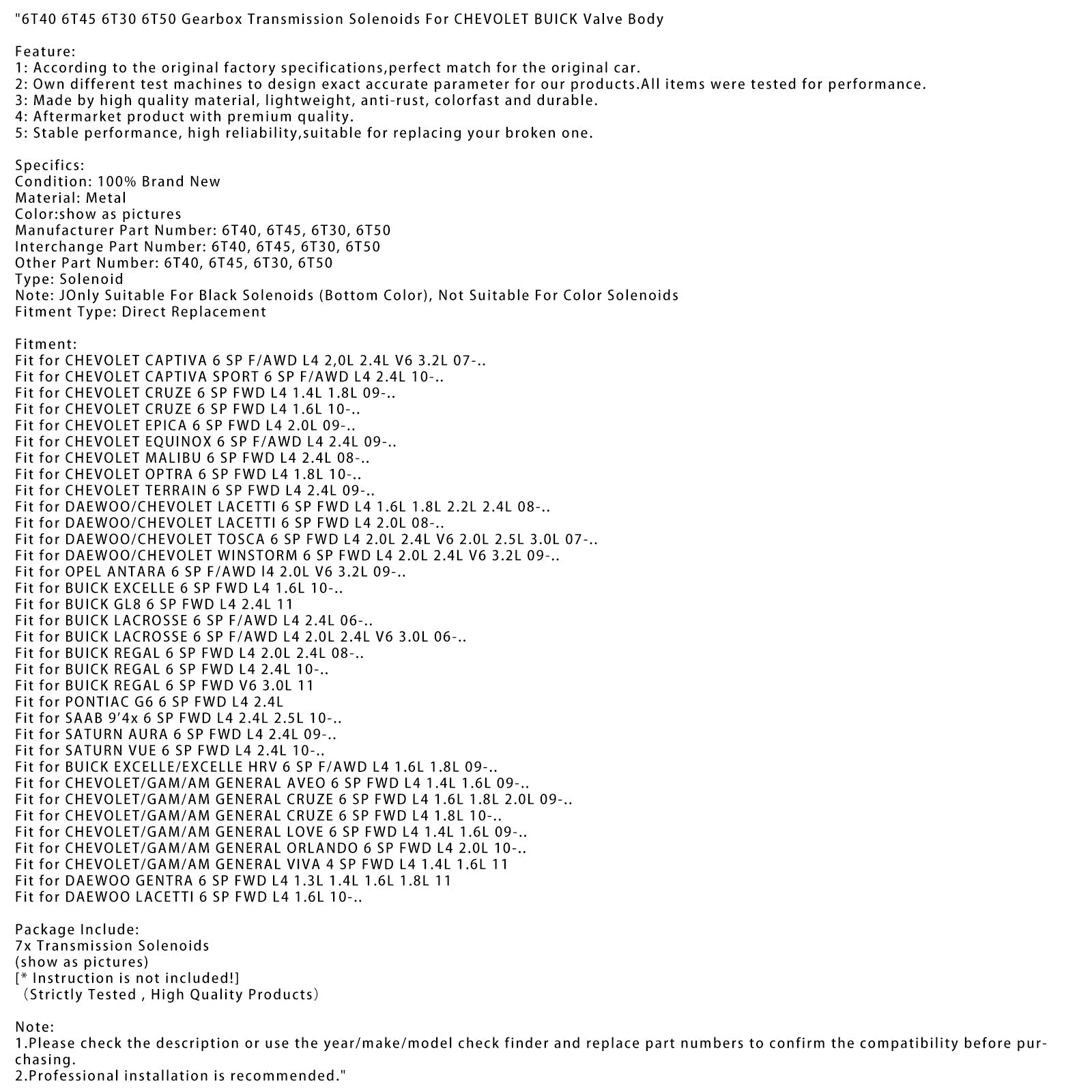 2008-Maintant Daewoo/Chevolet Lacetti 6 Sp Fwd L4 1,6 L 1,8 L 2,2 L 2,4 L 6T40 6T45 6T30 6T50 Solénoids of Gearbox Transmission