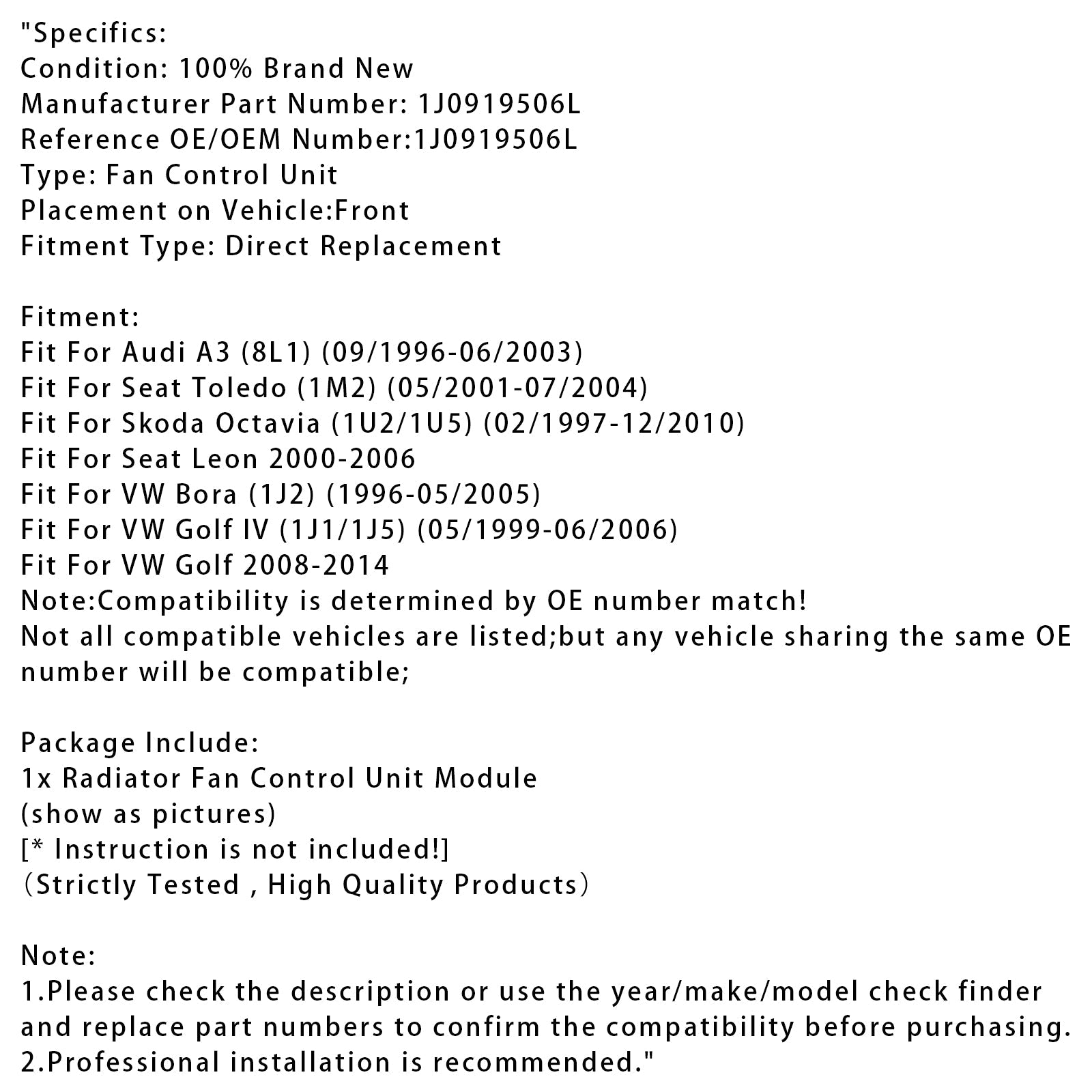 Módulo de control del ventilador del radiador para VW Golf IV Bora Audi A3 Skoda 1J0919506L