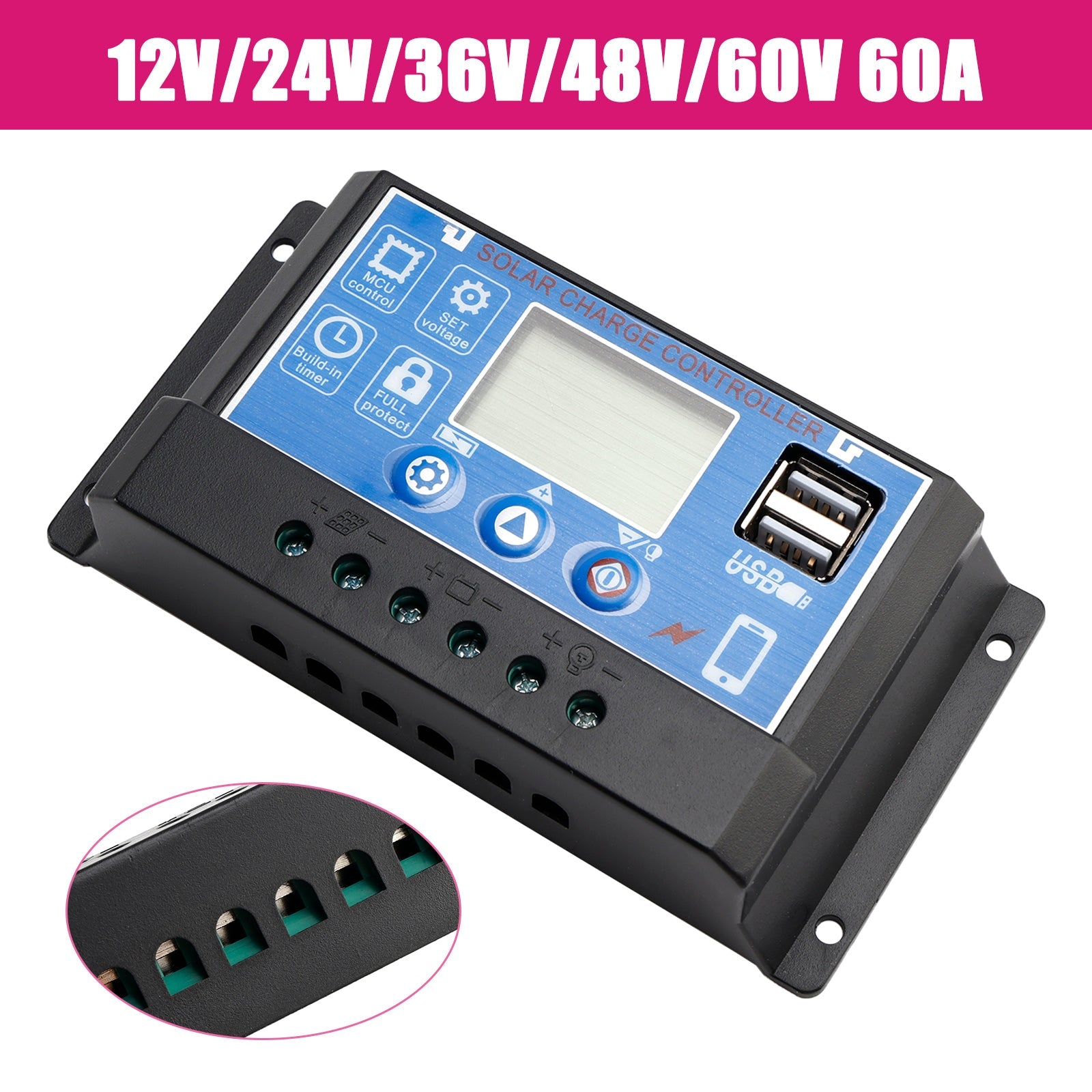 Contrôleur solaire PWM 12 V-60 V, affichage du courant, contrôle de l'éclairage public solaire, démarrage 0 V