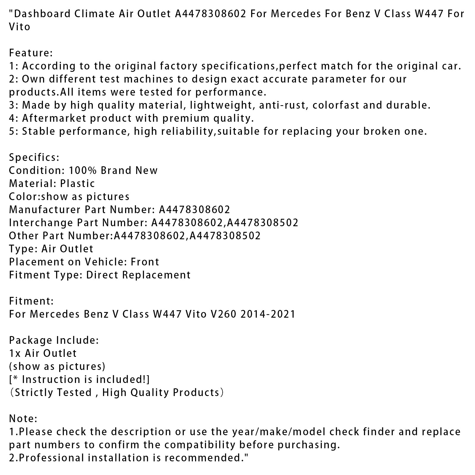 Bocchetta dell'aria del climatizzatore del cruscotto A4478308602 per Mercedes Benz Classe V W447 Vito