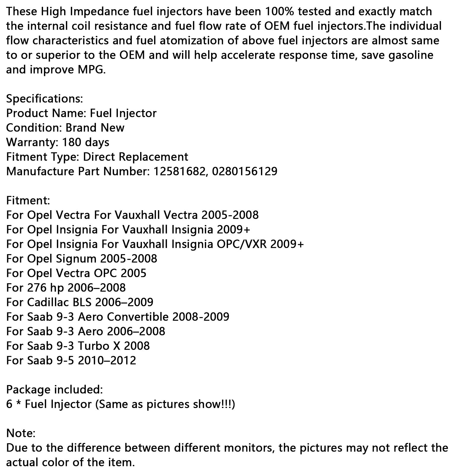 6-częściowy wtryskiwacz paliwa 0280156129 dla Vauxhall Vectra dla SAAB 9-3 2,8L 12581682