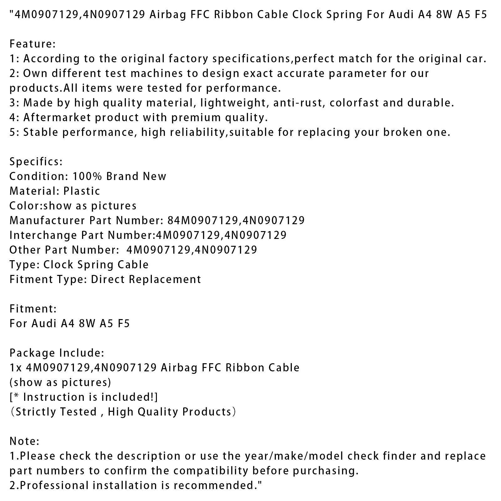 Lattakaapeli d' FFC-turvatyyny Audi A4 8W A5 F5:lle, jousi d'kello 4M0907129 4N0907129