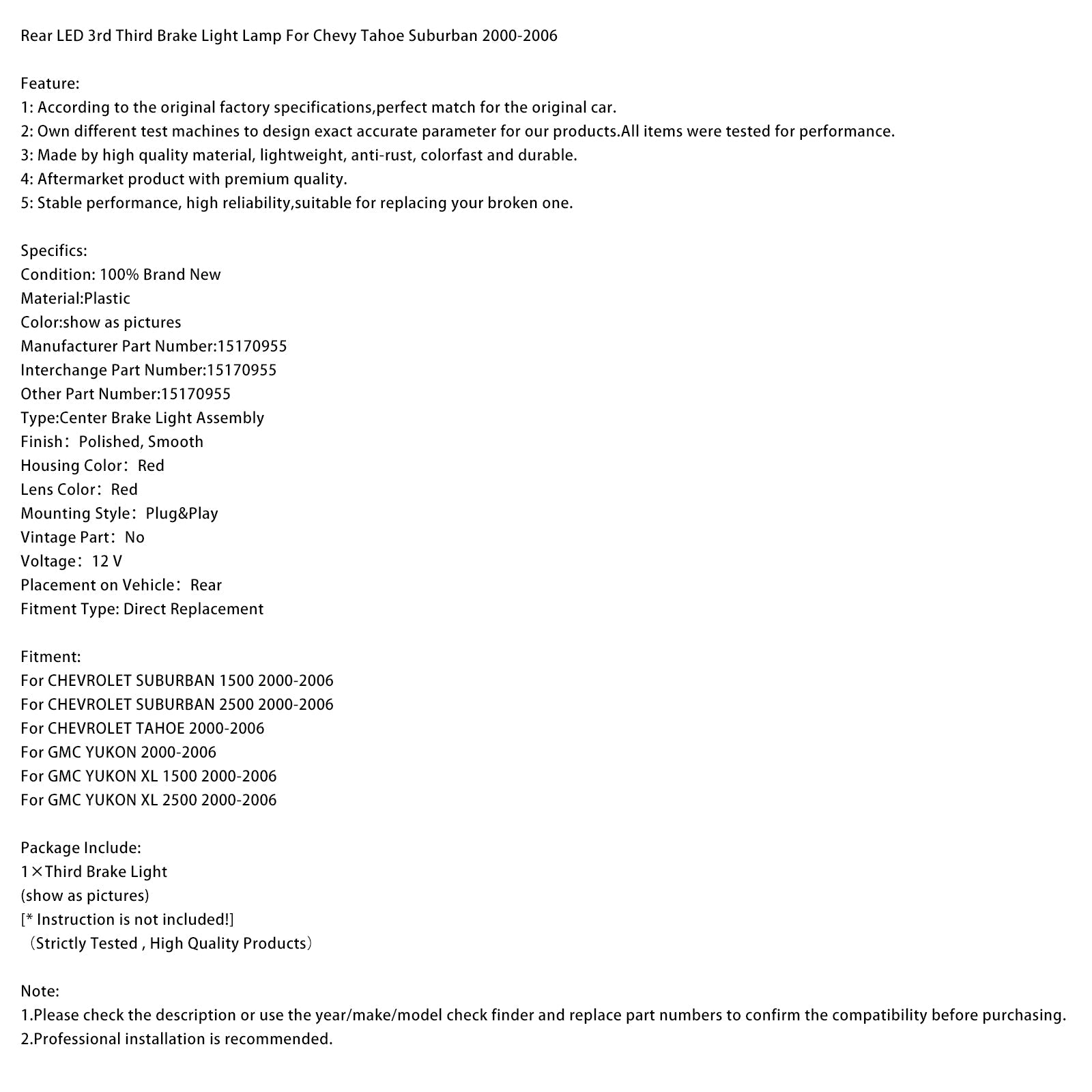 Tercera luz de freno trasera LED para Chevy Tahoe Suburban 2000-2006