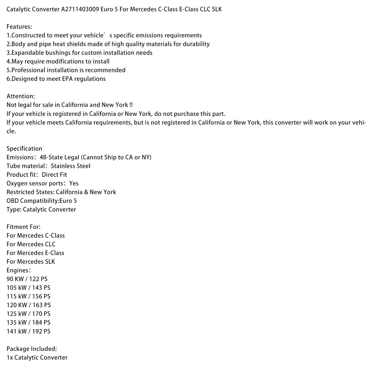 Katalizator Mercedes C-razred, E-razred, CLC, SLK A2711403009 Euro 5
