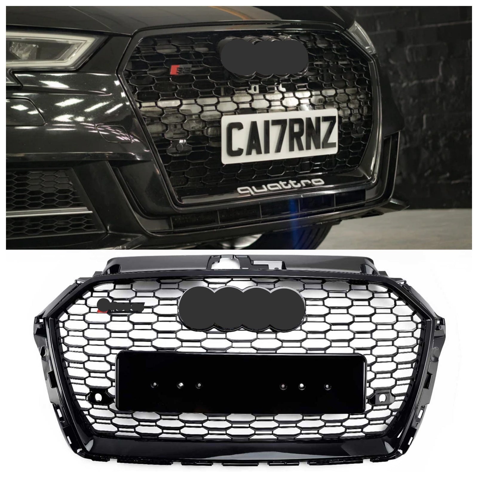 2017-2019 Audi A3/A3 Sline/S3 RS3 Style Grille en nid d'abeille pour pare-chocs avant noir brillant avec emblème anneau