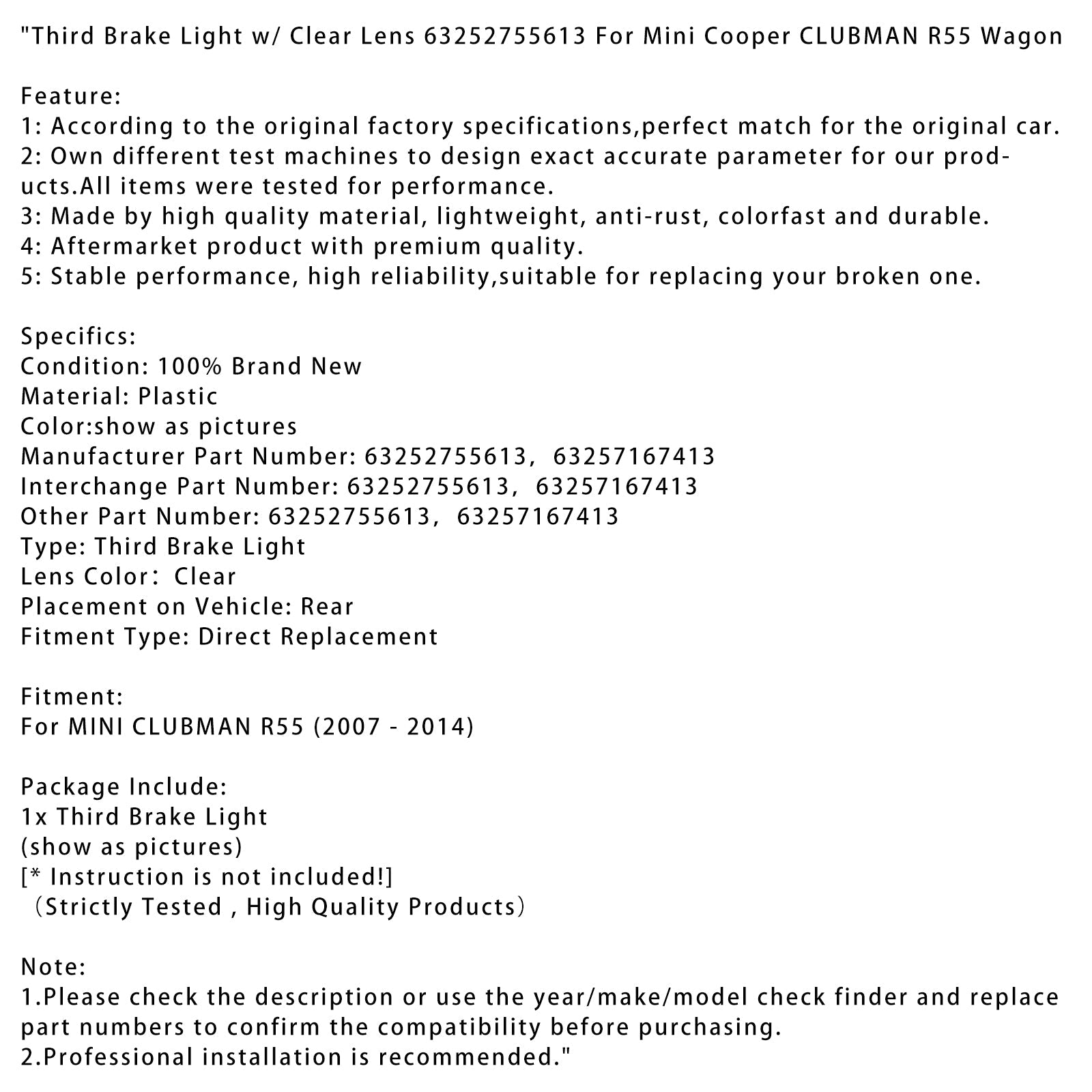 Fire Stop Turero para Mini Cooper Clubman R55 Wagon 2007-2014 con lente transparente 63252755613