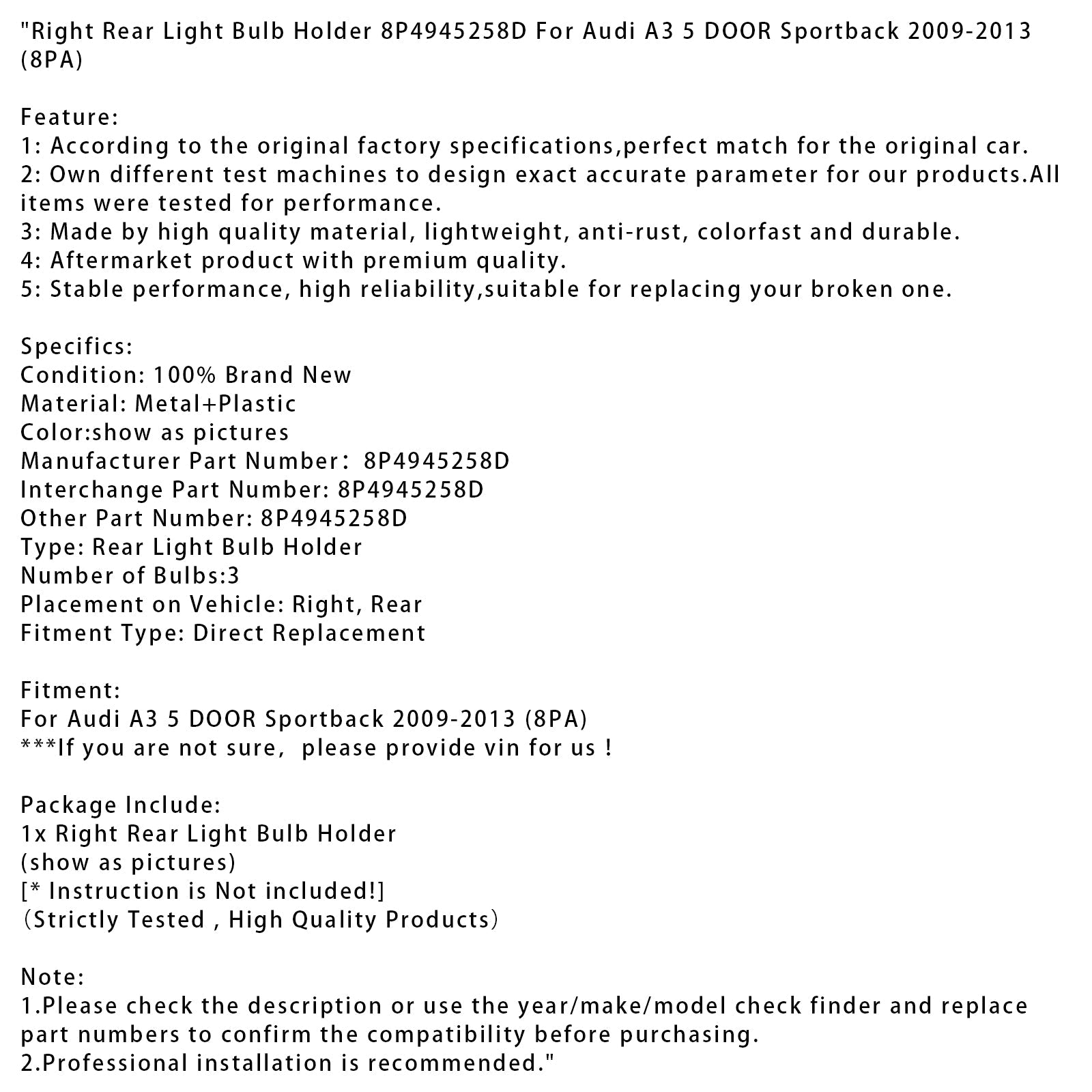 Podpora d&Žarnica desne zadnje luči Audi A3 Sportback 5-vratni 2009-2013 8P4945258D