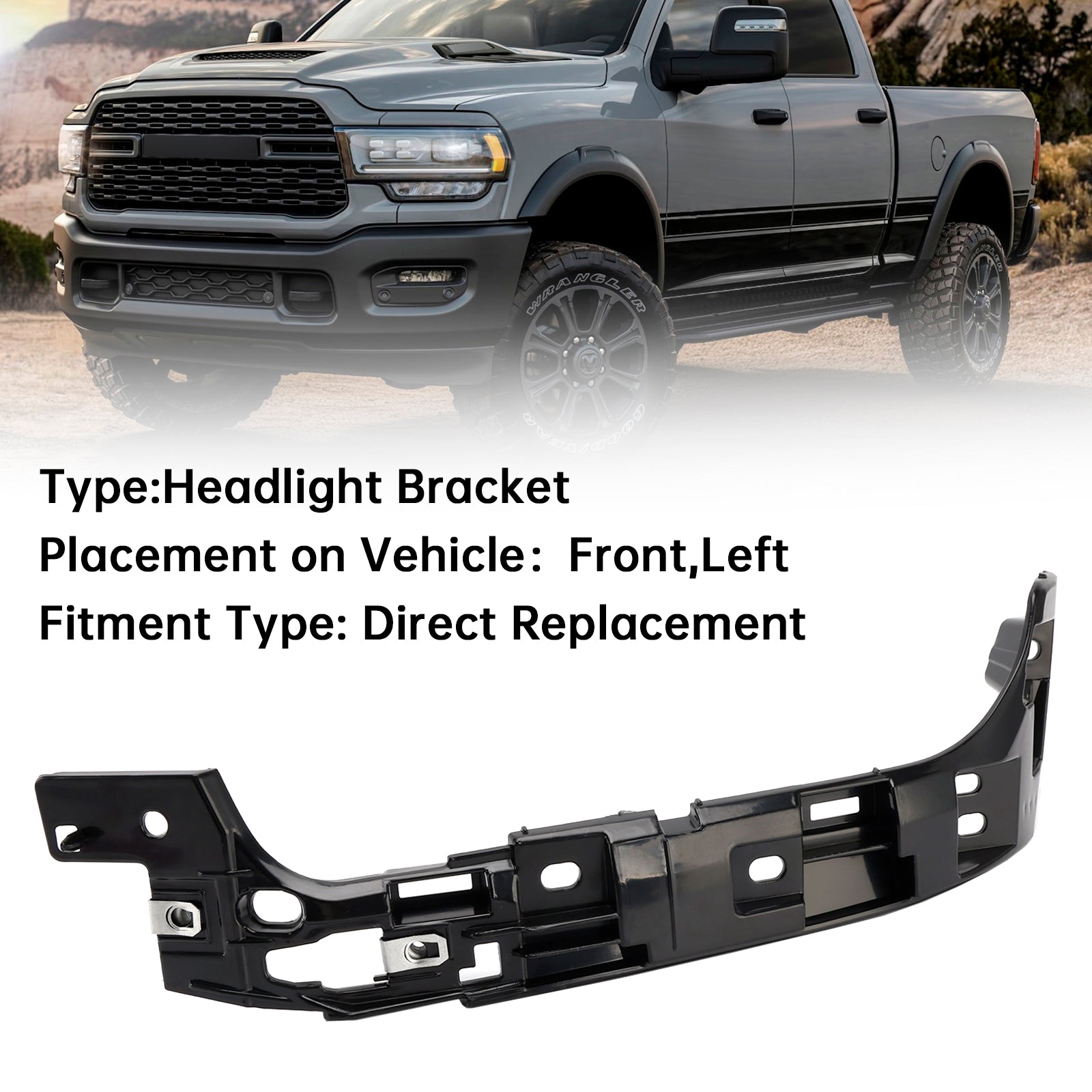 Lewy wspornik reflektora (strona kierowcy) do RAM 2500, 3500, 4500 i 5500 (2019-2024) - Numer części : 68448771AA