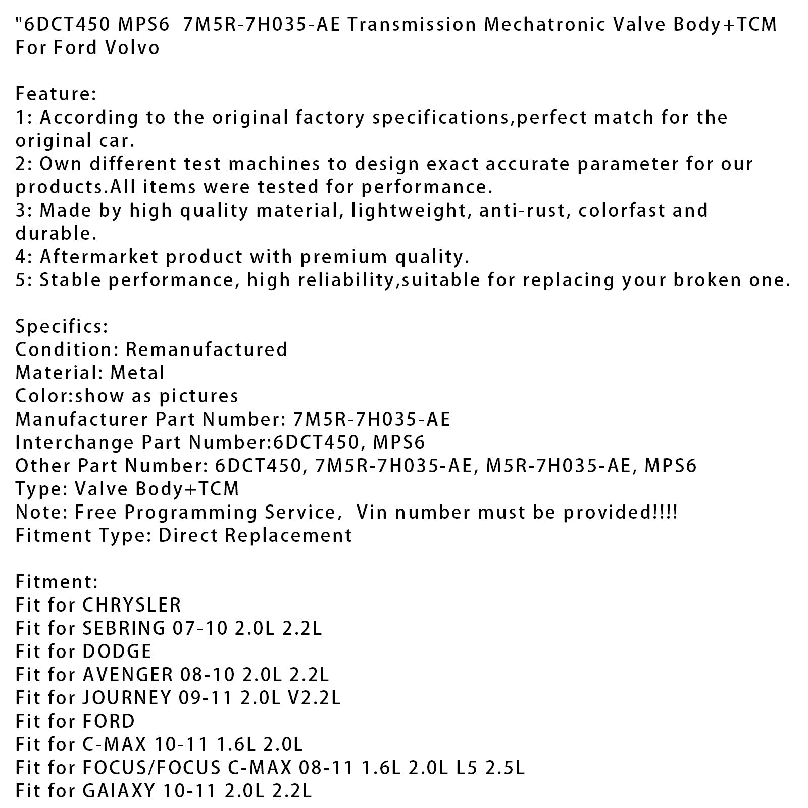 Corpo valvola meccatronica trasmissione 6DCT450 MPS6 7M5R-7H035-AE + TCM per Ford