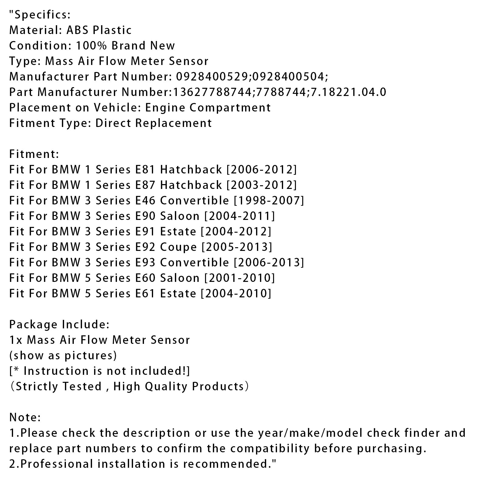 Capteur de débitmètre d'air massique pour BMW E90 E91 E92 E87 E60 E61 0928400529