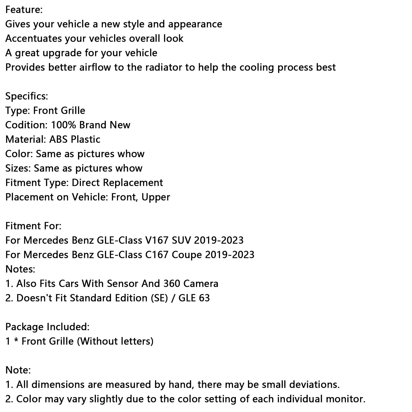 Grille de pare-chocs avant pour Mercedes Benz Classe GLE C167 V167 2019-2023