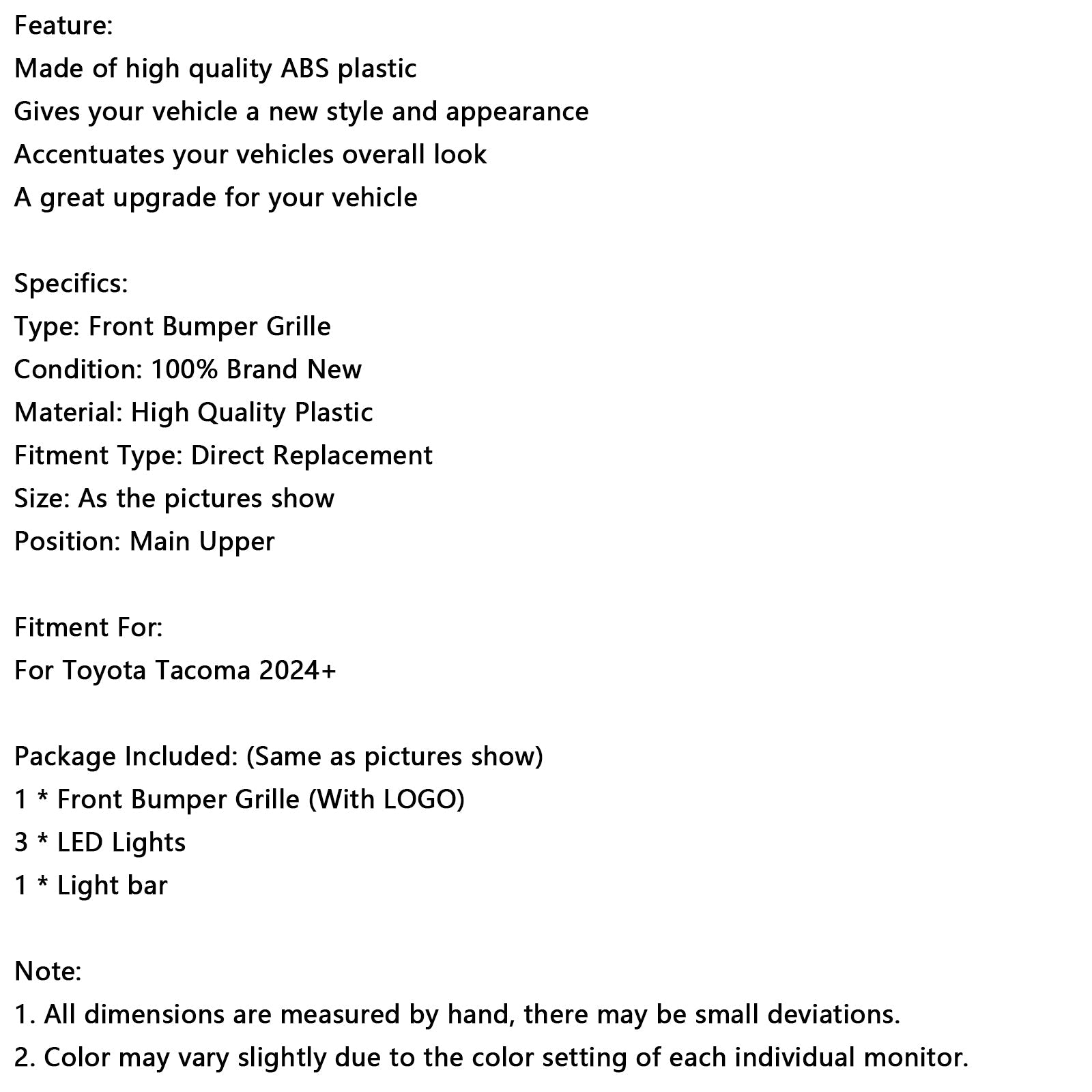 Grille de pare-chocs avant noire avec barre lumineuse et DEL pour Toyota Tacoma 2024 et plus