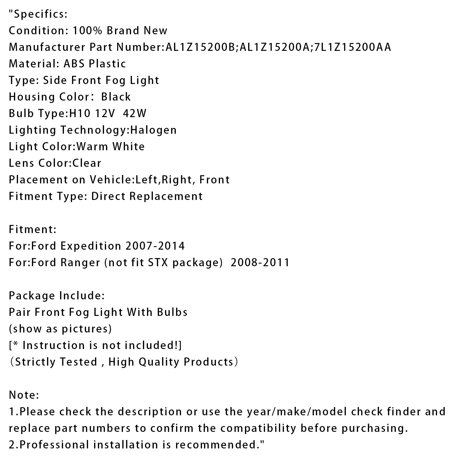 Par de luces antiniebla delantera con bombillas para Ford Expedition 2007-2014, vidrio transparente