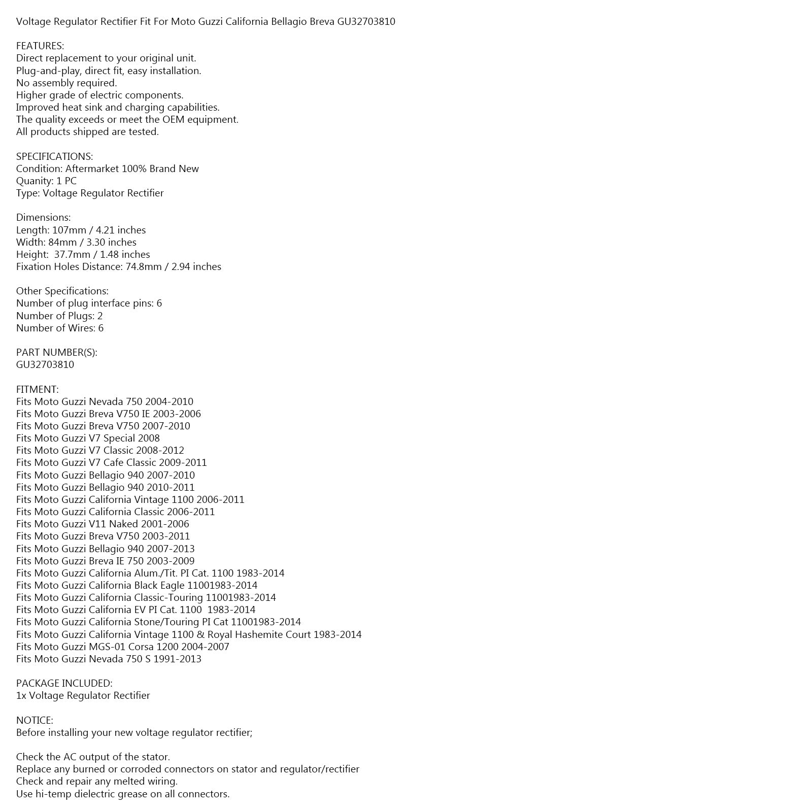 REGULADOR DE TENSIÓN para Moto Guzzi Nevada 750 Breva V7 V11 03-10 GU32703810