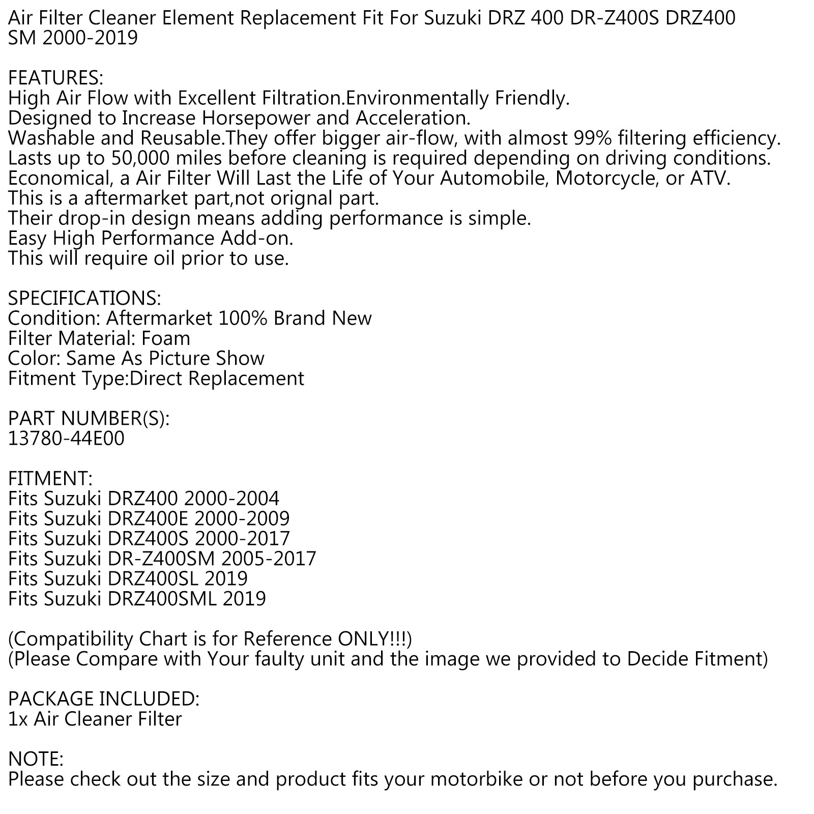 Filtro dell'aria per Suzuki DRZ DR-Z 400 S/E/SM/SL/SML 2000-2019 13780-44E00