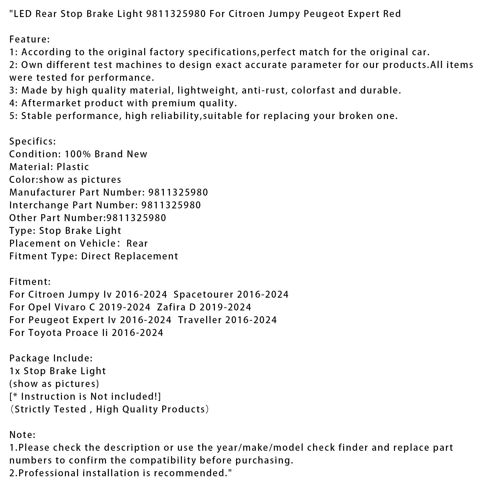 LED-achterremlicht 9811325980 voor Citroën Jumpy en Peugeot Expert, rood