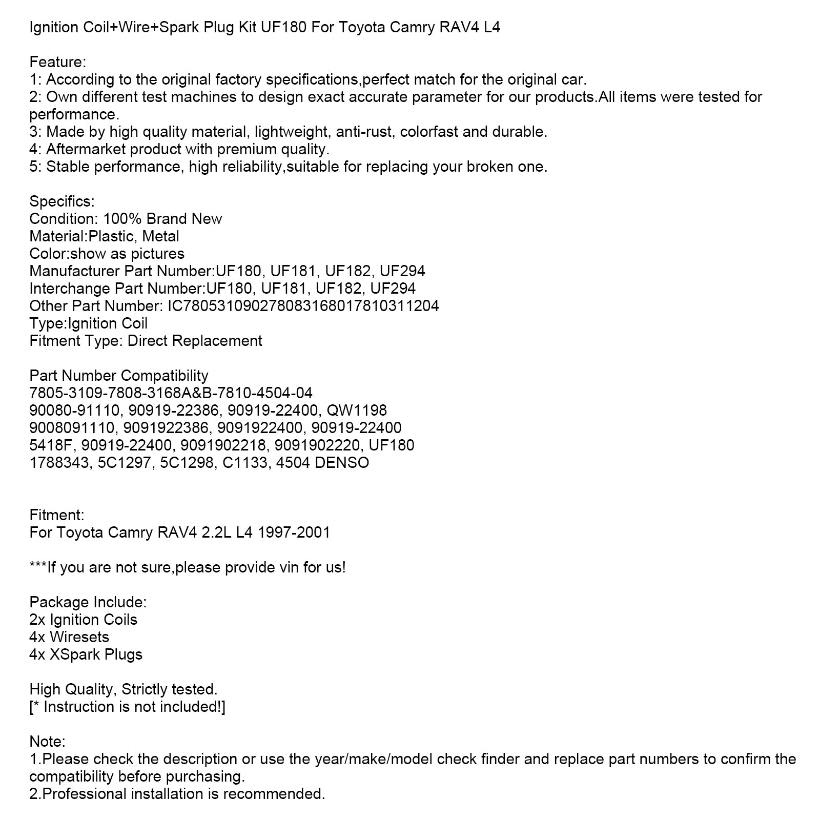 Bobina di accensione + filo + kit di candele di accensione UF180 per Toyota Camry RAV4 L4 L4