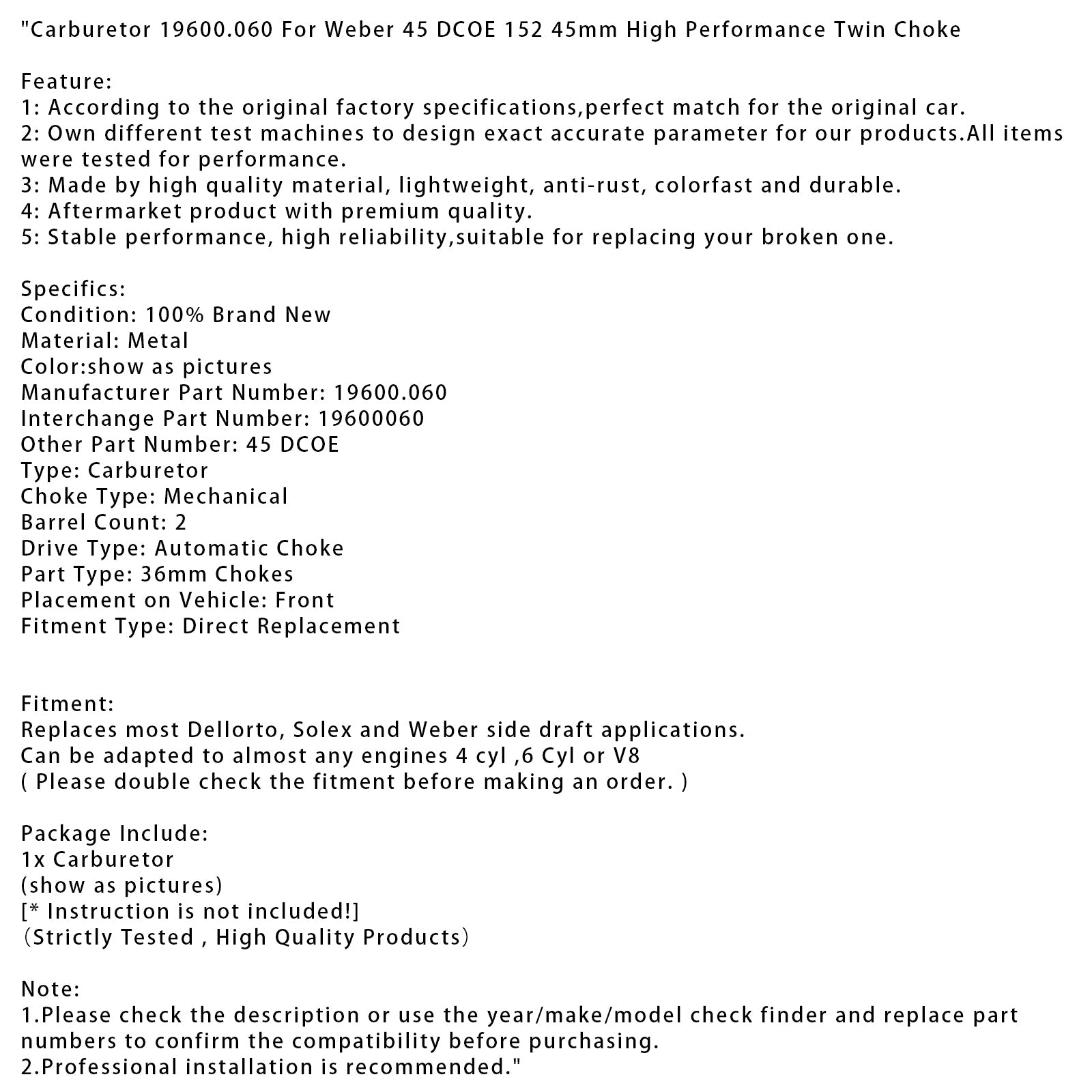 19600.060 Carburatore per 45 DCOE 152,45 mm con antipasto a doppia prestazione