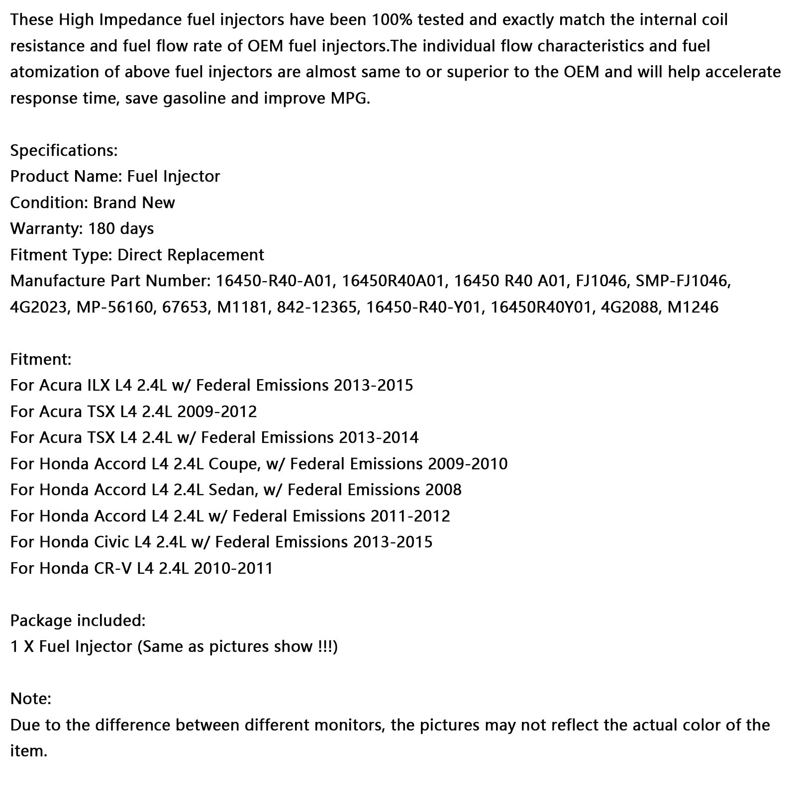 Iniettore di carburante 16450-R40-A01 per Honda Civic CRV 2.4L 2008-2015