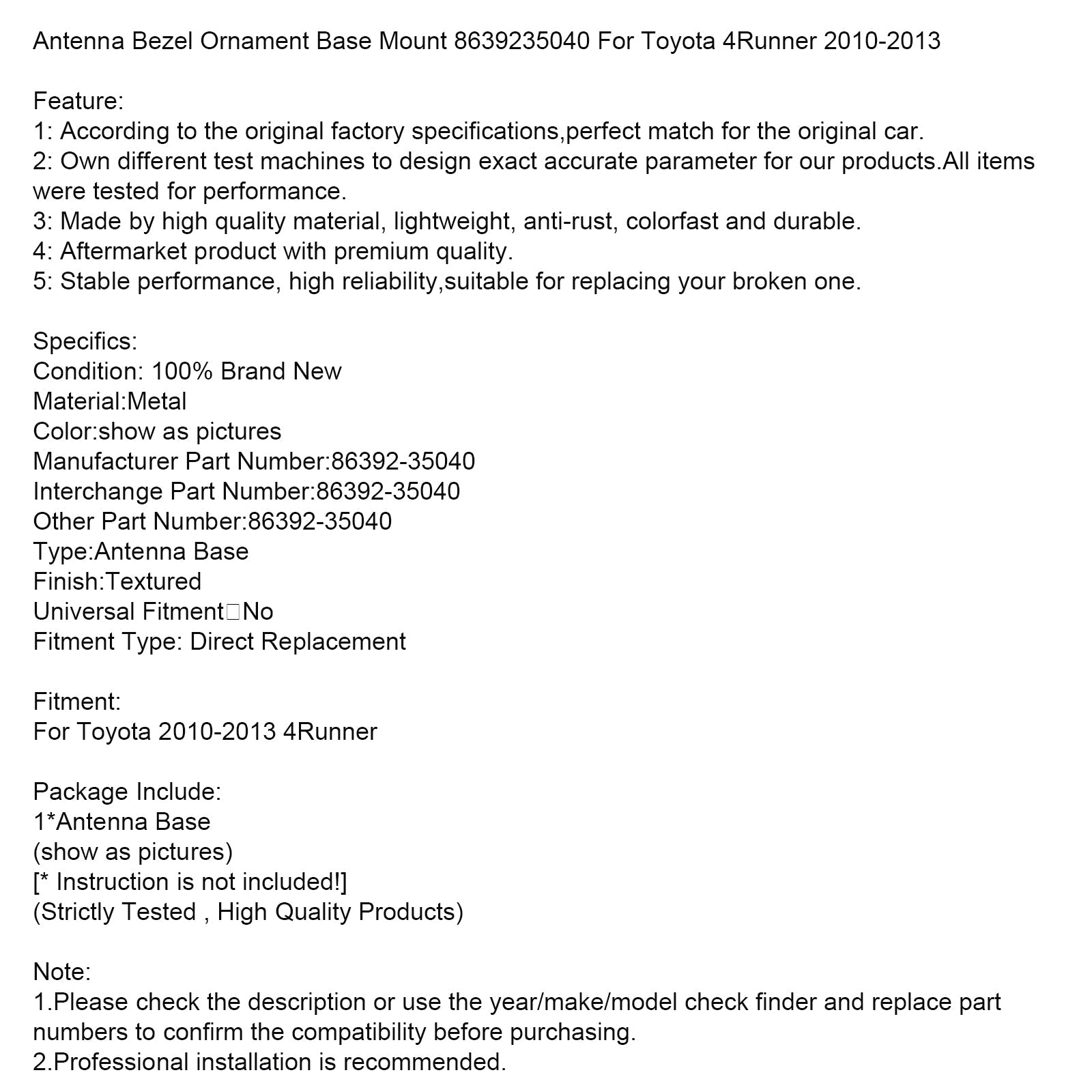 Support de base de fixation de l'enjoliveur d'antenne pour Toyota 4Runner 2010-2013, référence 8639235040
