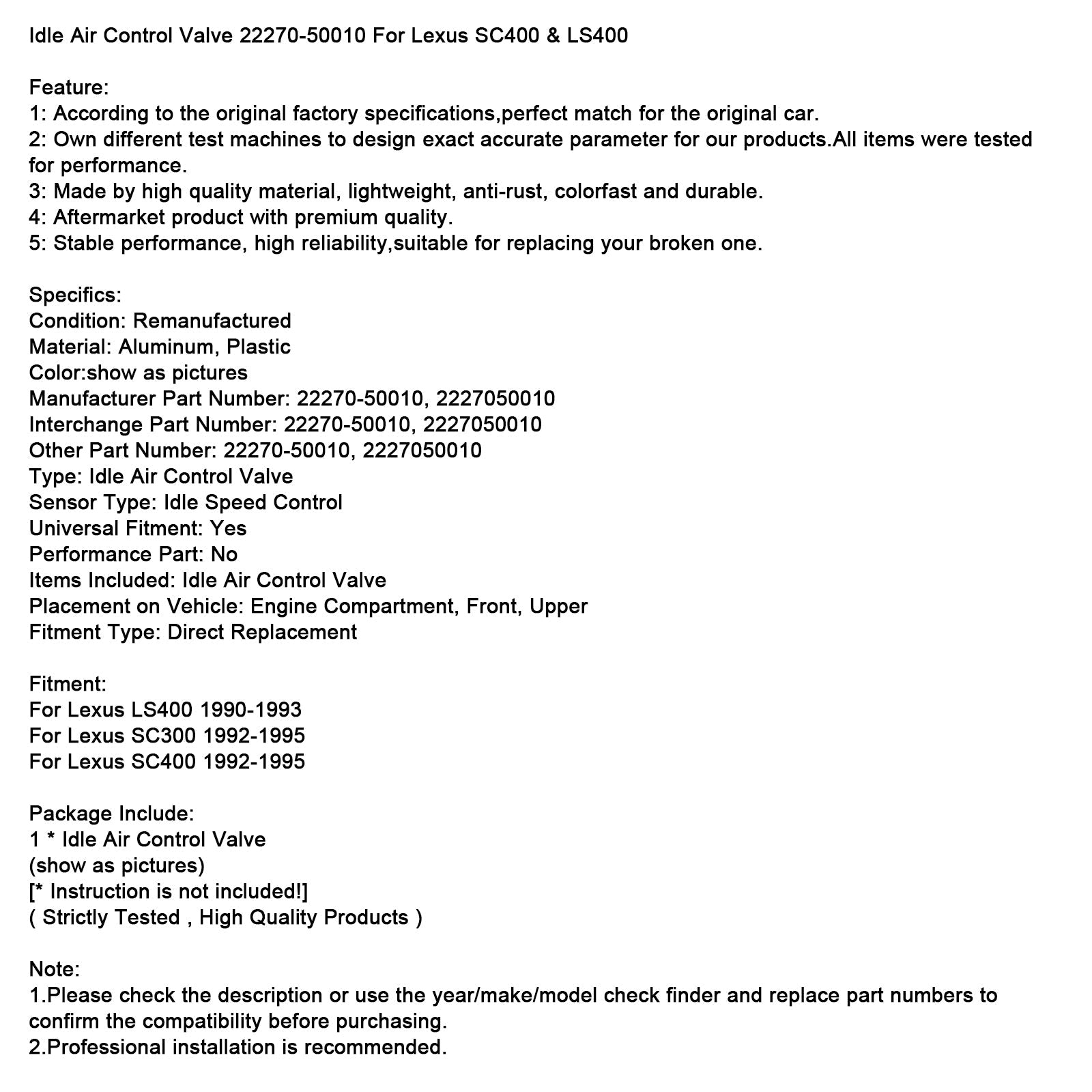 Válvula de regulación del aire del hielo 22270-50010 para Lexus LS400 1990-1993