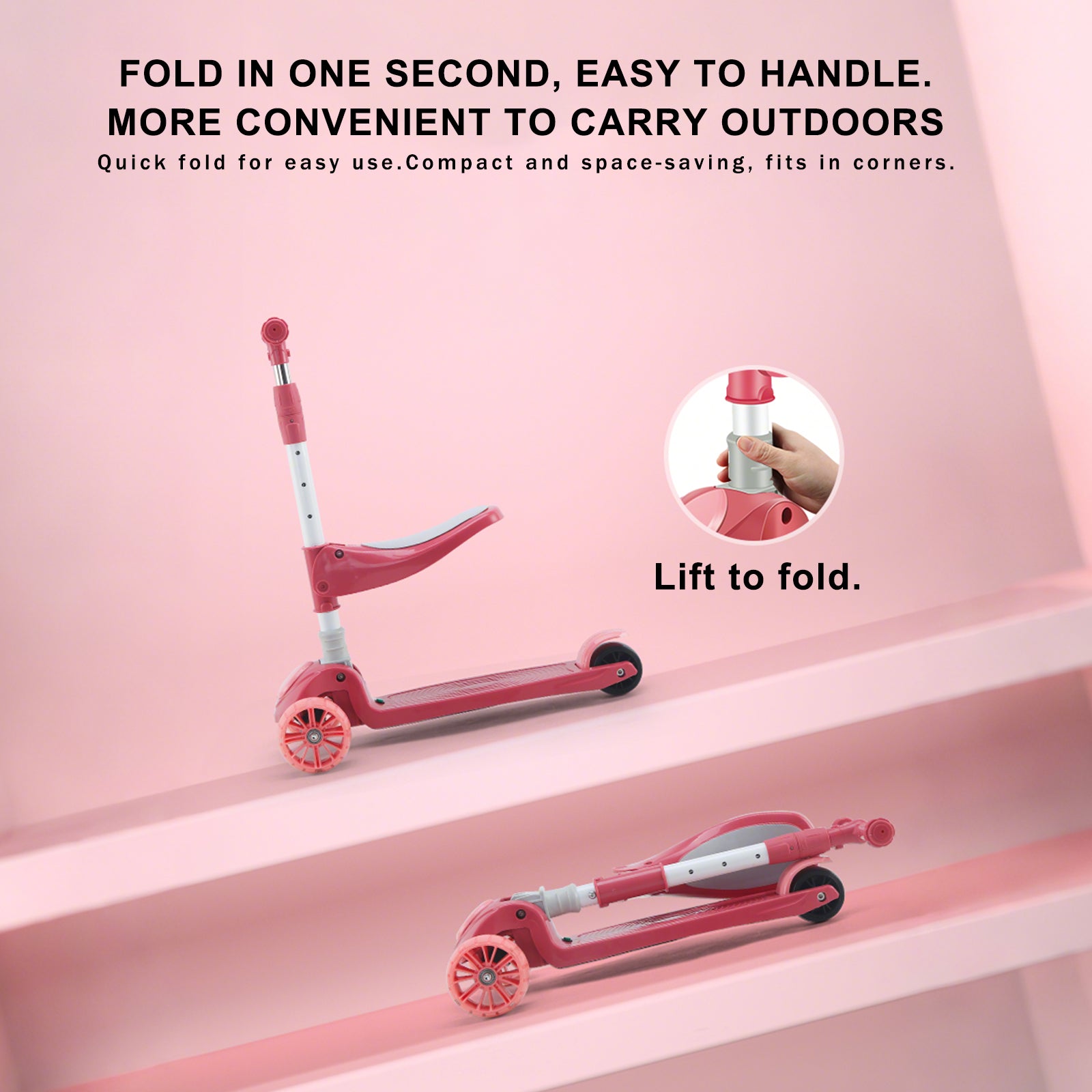 Trottinette Enfant 2 en 1 - Siège Pliable - Lumière - 3 Roues - Barre Réglable et Pliante - Bleu