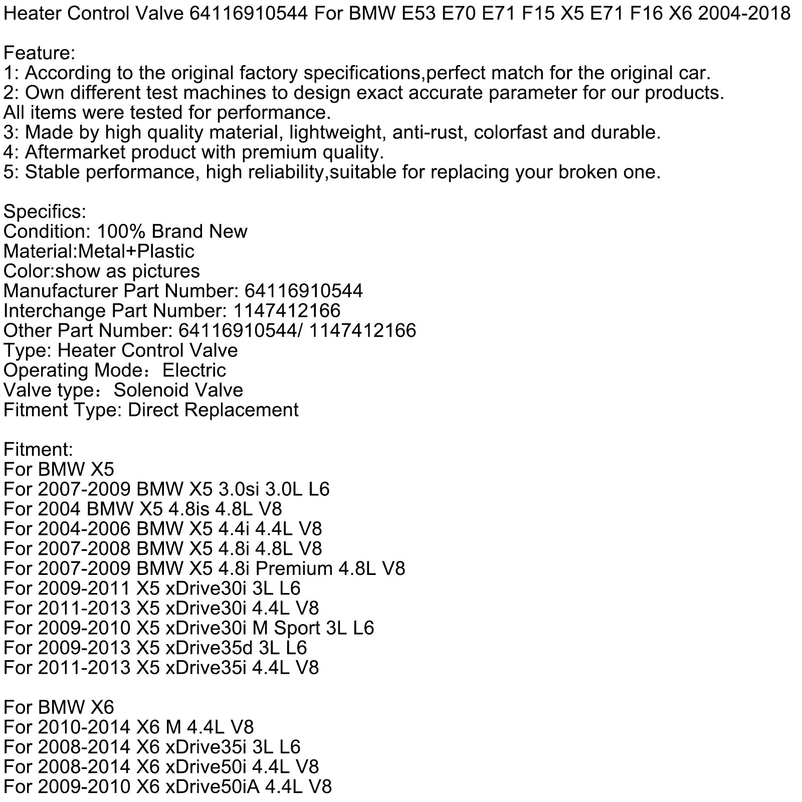 Válvula de regulación de calentamiento 64116910544 para BMW E53 E70 E71 F15 X5 E71 F16 X6 04-18
