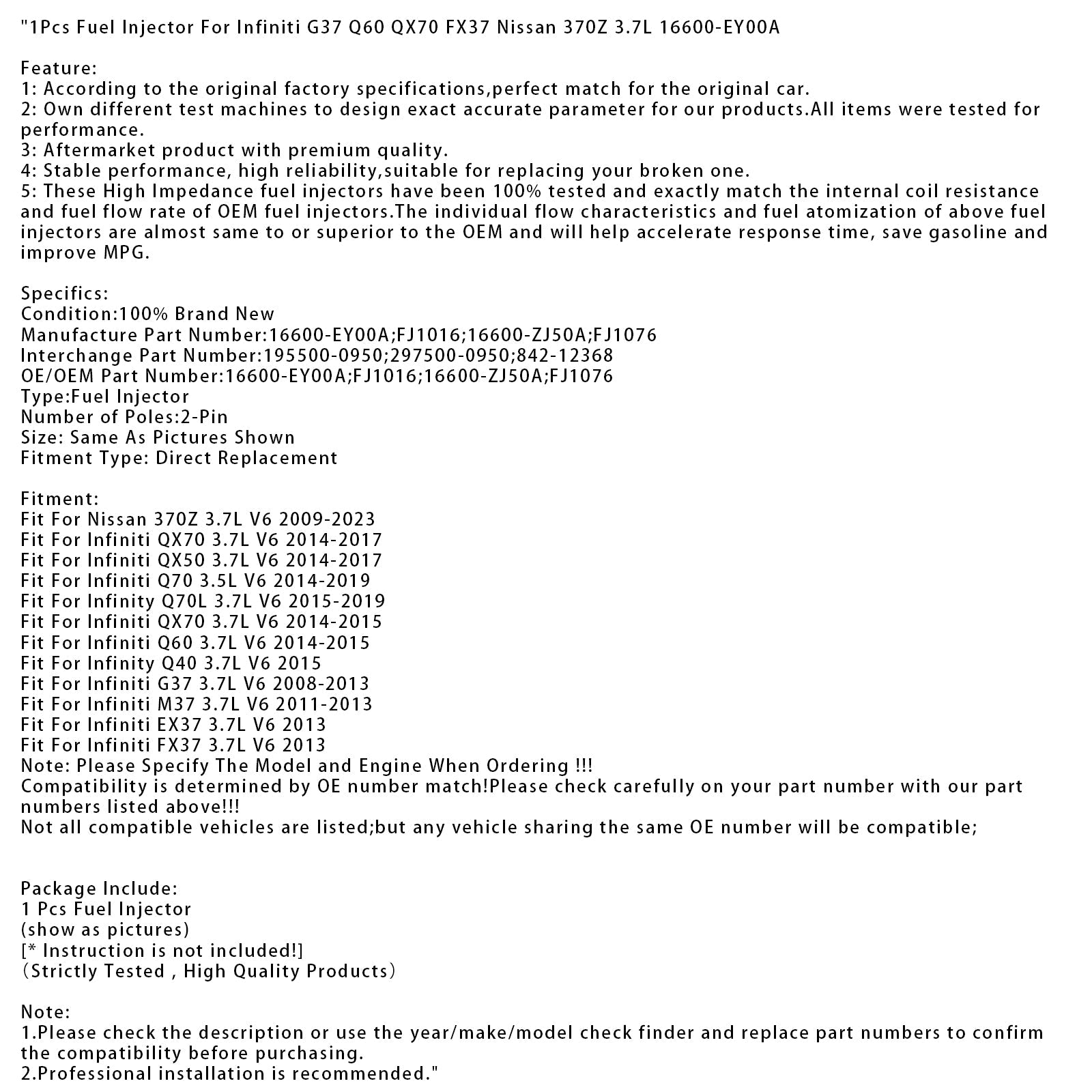 1 injecteur de carburant pour Infiniti G37 Q60 QX70 FX37 Nissan 370Z 3.7L 16600-EY00A