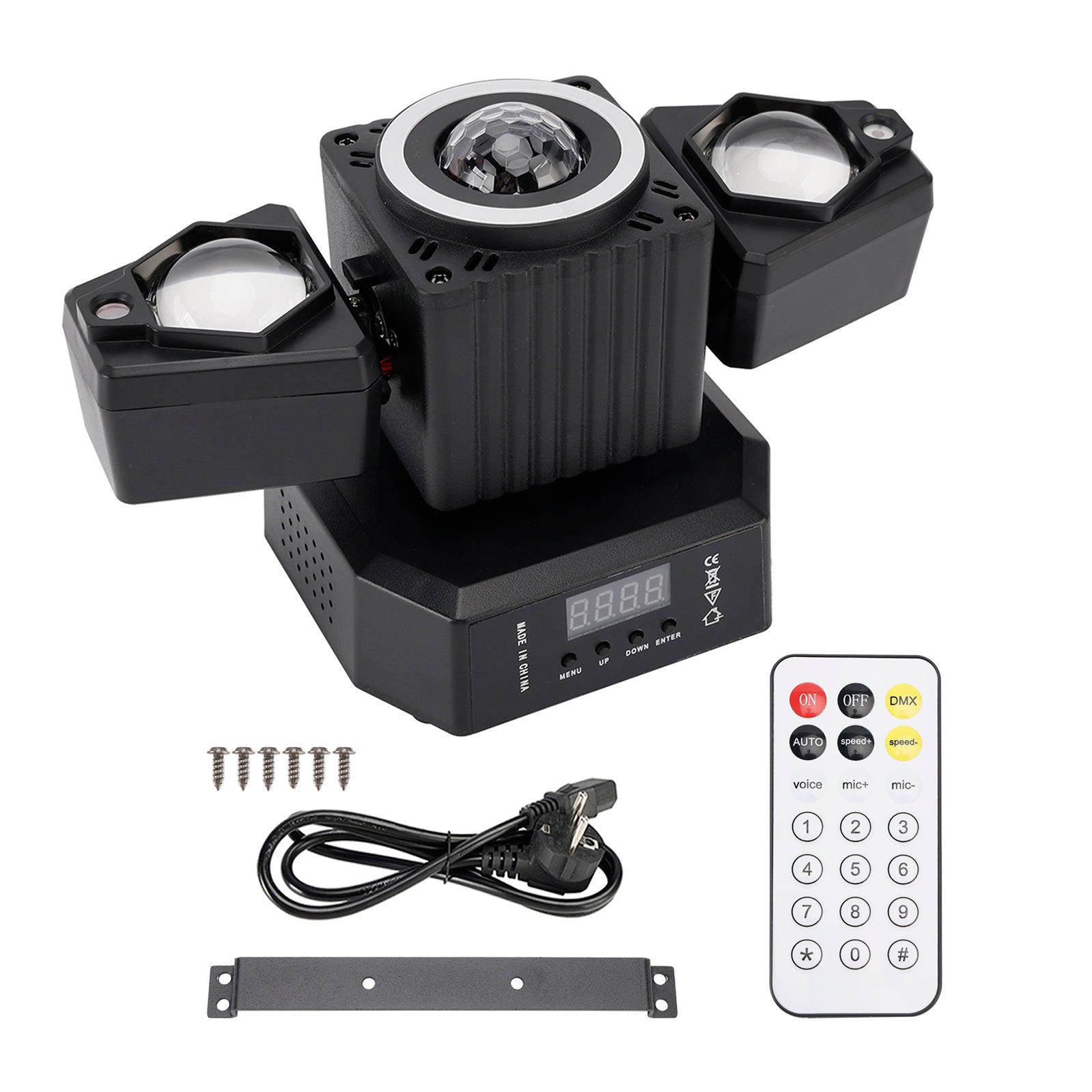 Proyector con cabezal móvil, haz láser giratorio, iluminación de escenario con Control remoto DMX