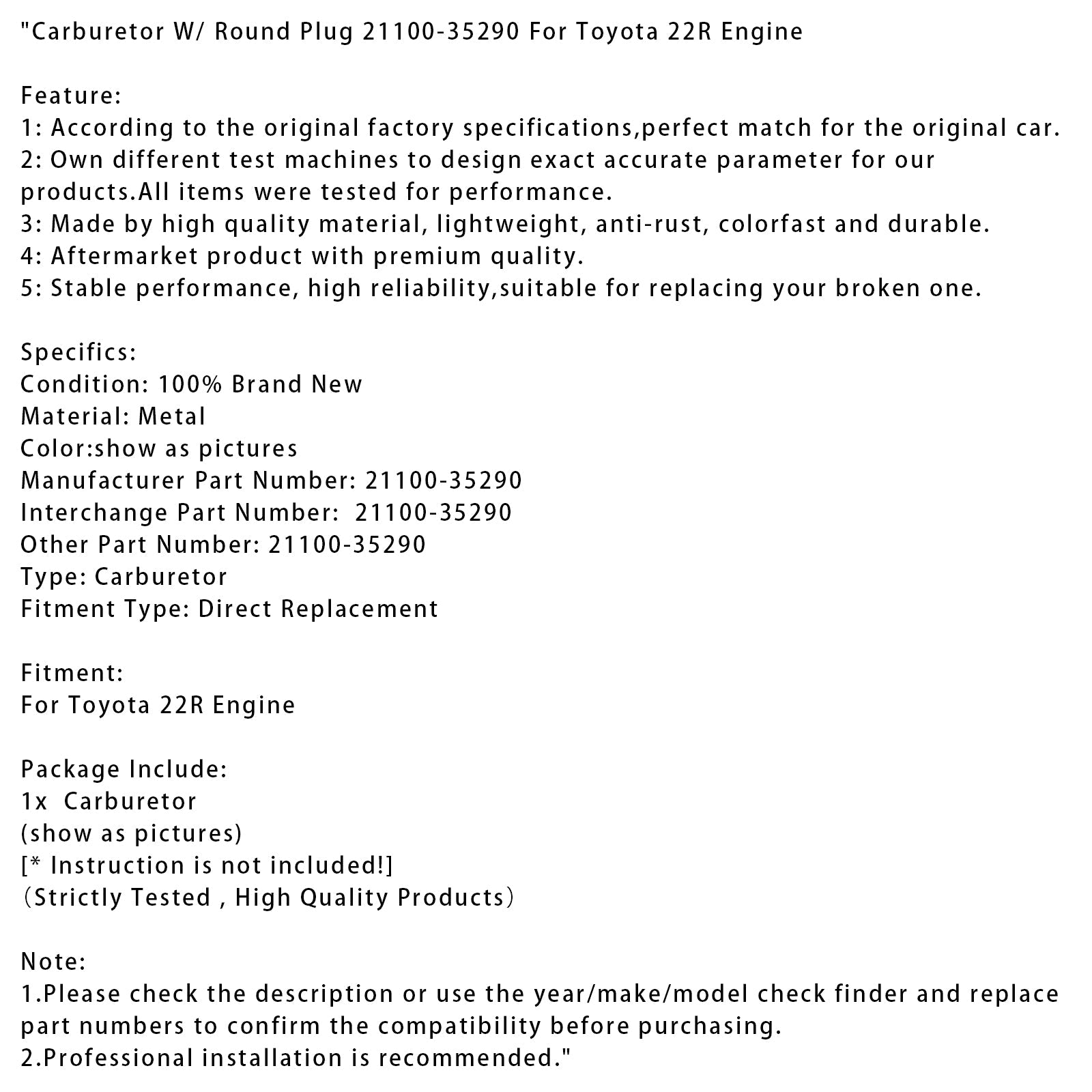 Kaasuttelija, jolla on pyöreä korkki 21100-35290 Toyota 22R -moottorille