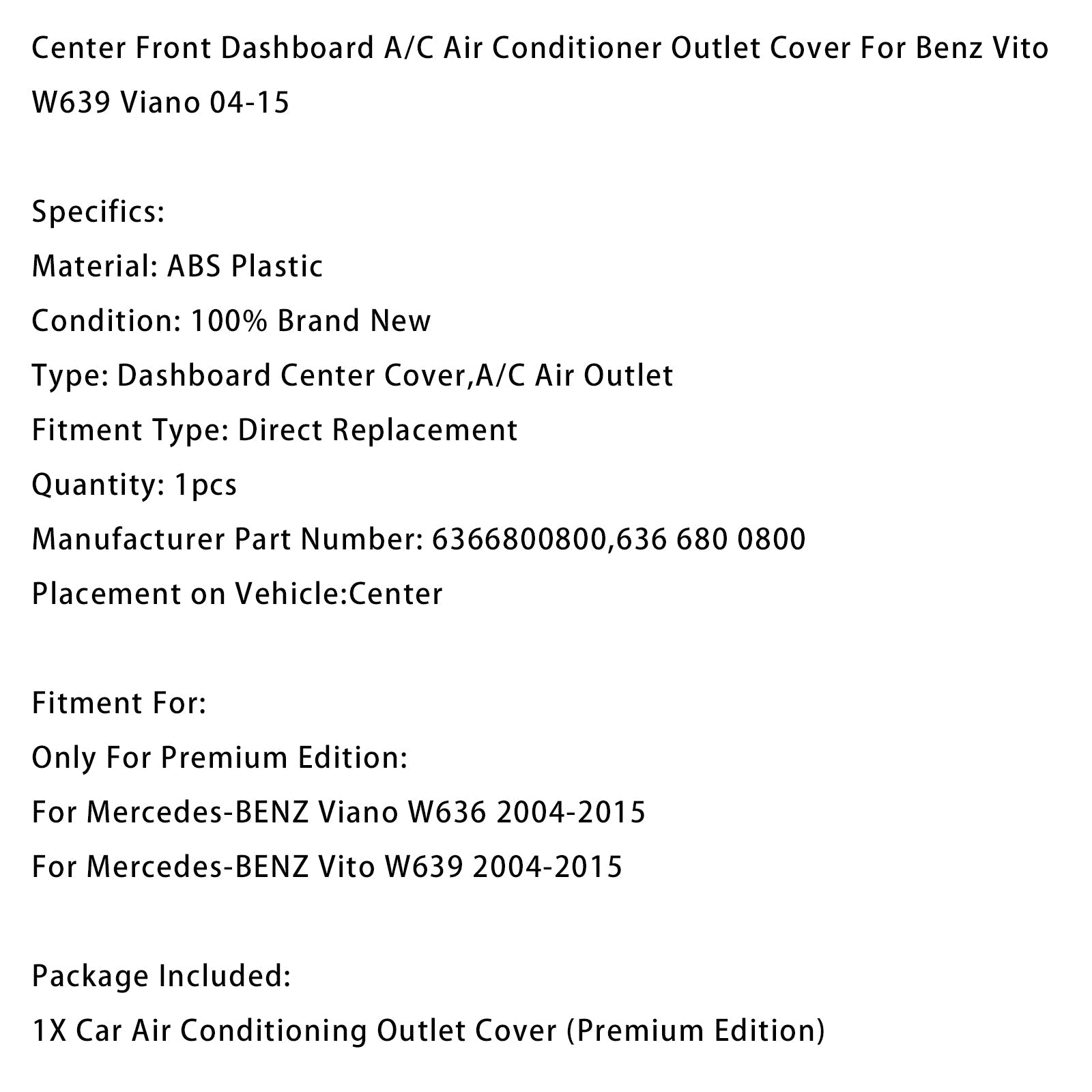 Grille d'aération centrale pour tableau de bord, pour Mercedes-Benz W639, Vito, Viano (2004-2015)