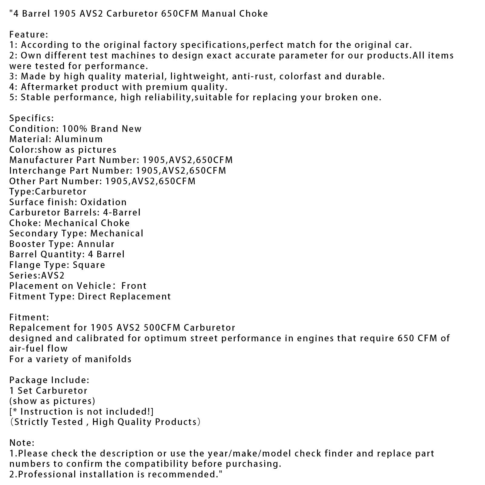 4 -Body Carburetor 1905 AVS2 650 CFM Starter Manuel