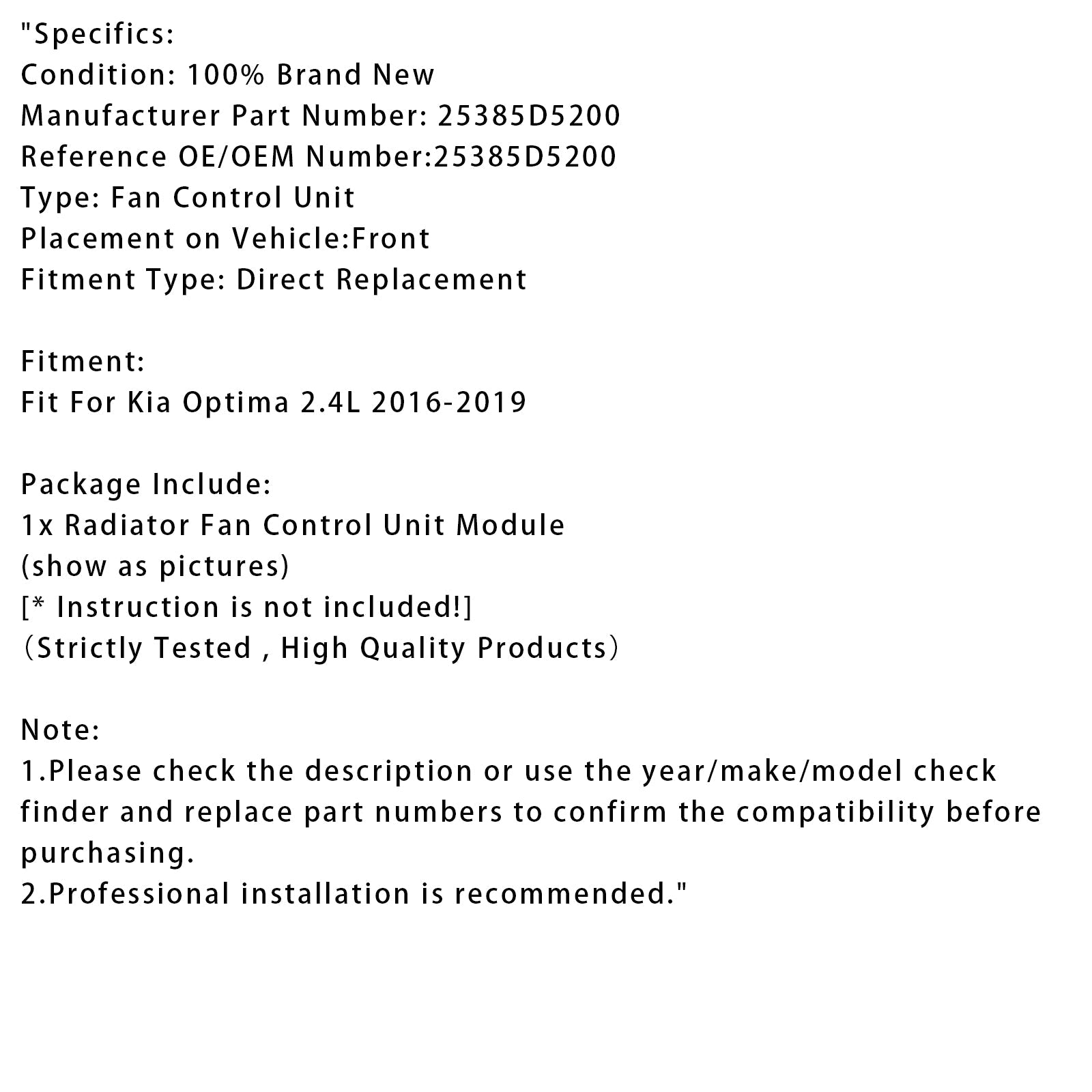 Module de commande de ventilateur de radiateur 25385D5200 pour Kia Optima 2,4 L 2016-2019