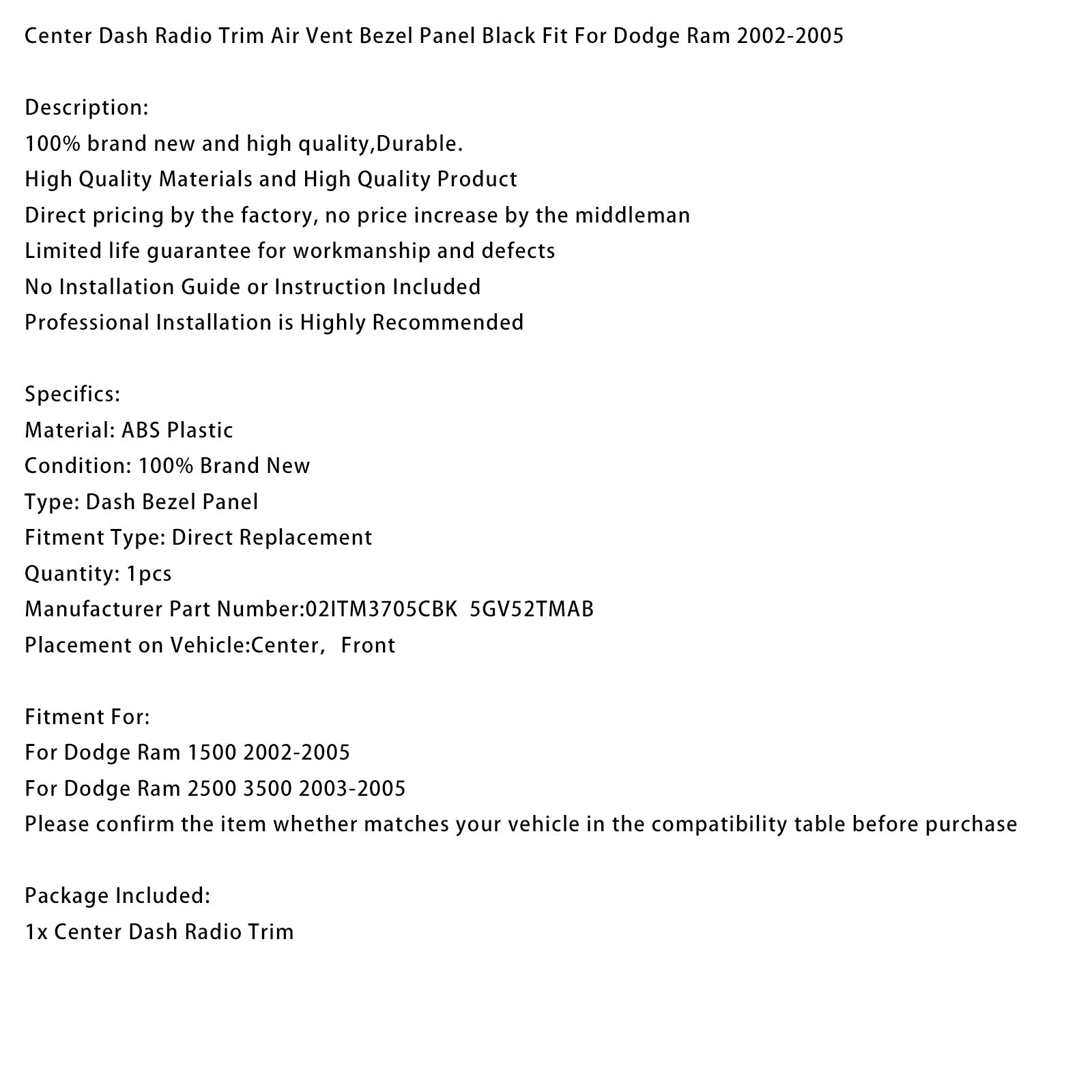 Keskimmäisen ilmanottoaukon ritilän verhoilu Dodge Ram 1500 (2002-2005) autoradioon, musta