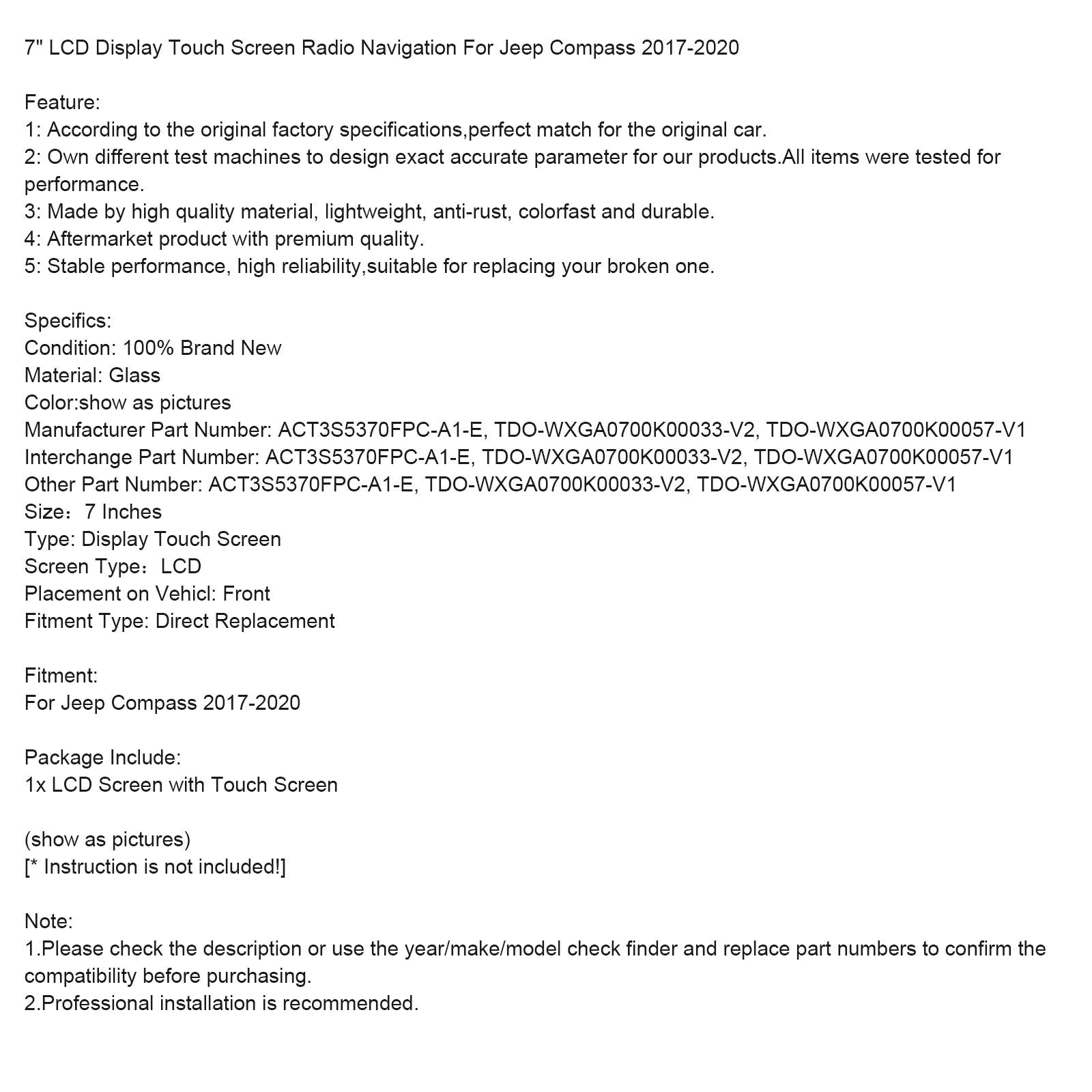 Jeep Compass 2017-2020 7" Navigazione radio con schermo LCD touch ACT3S5370FPC-A1-E