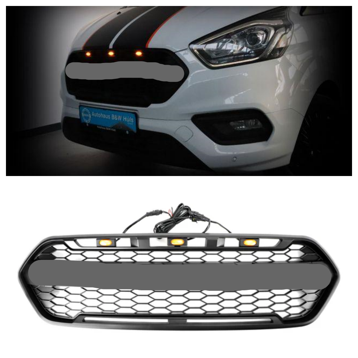 Rejilla de parachoques delantero negra mate estilo Raptor personalizada Ford Transit 2018-2023 con 3 LED