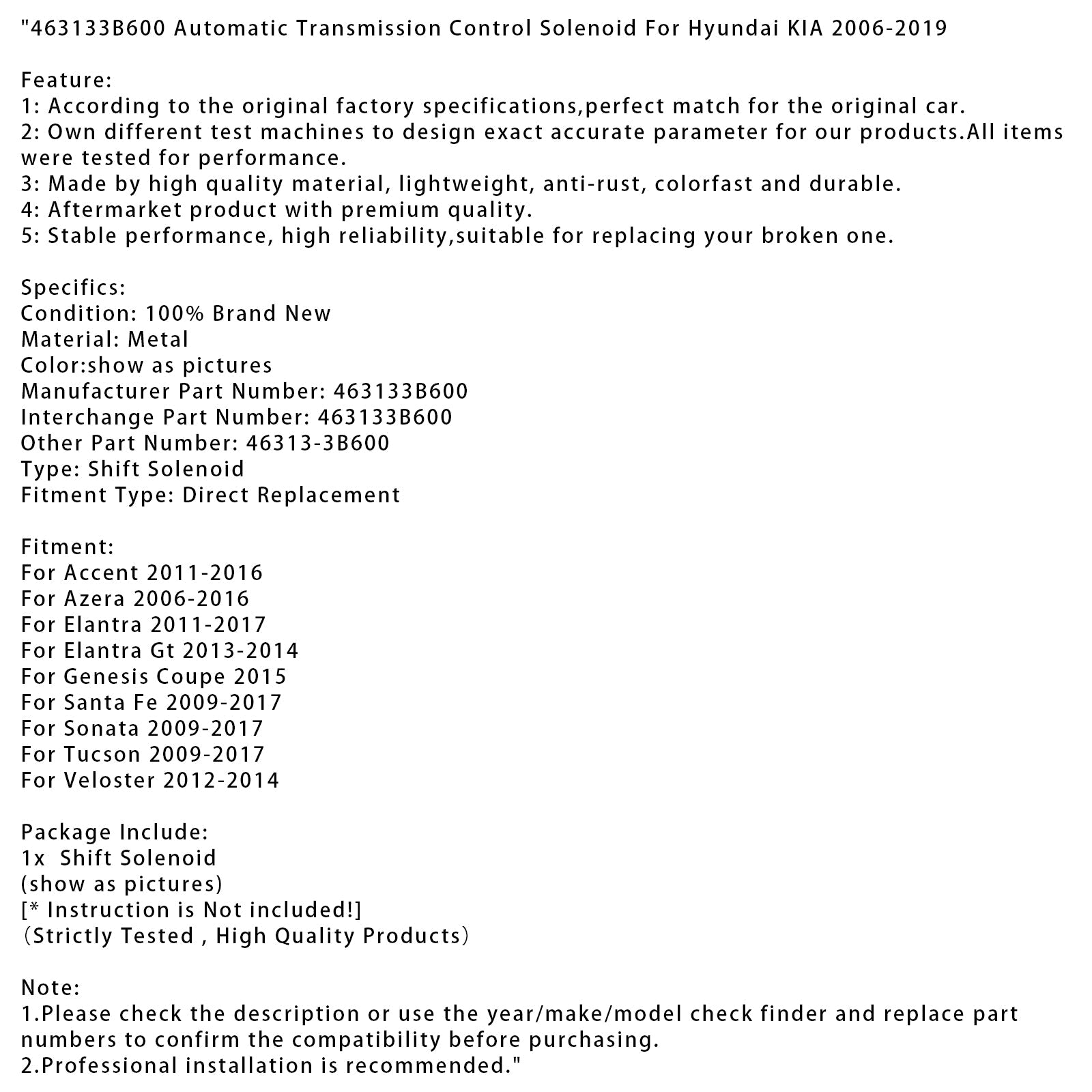 Automaattivaihteiston ohjausmagneettiventtiili 463133B600 Hyundai KIA 2006-2019
