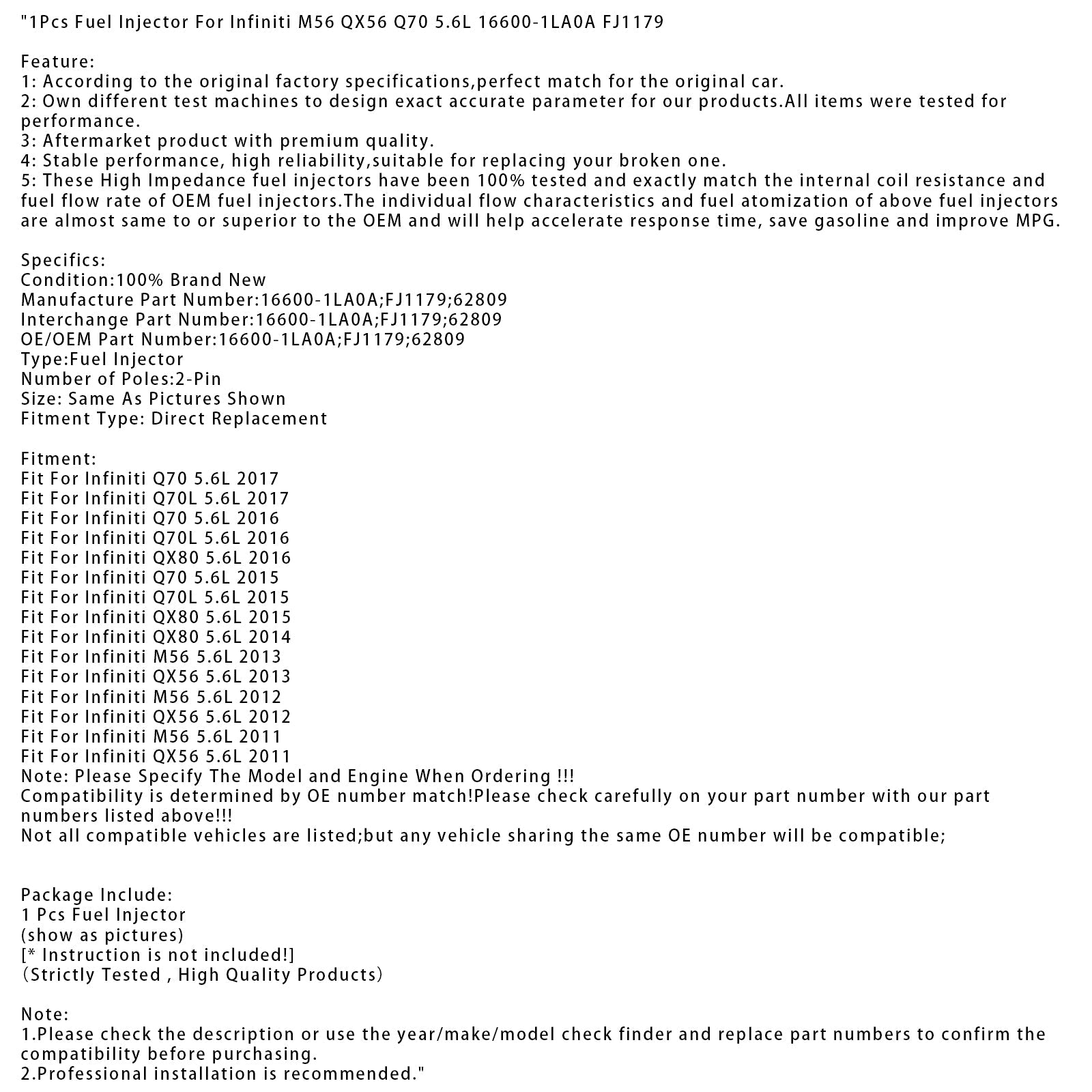 1 injecteur de carburant pour Infiniti M56 QX56 Q70 5.6L 16600-1LA0A FJ1179