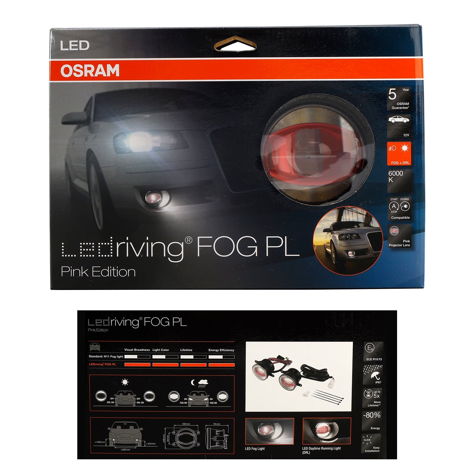 LedTiving Car Lighthouse Fog Drl Pink Edition 90 mm 6 000 K per Osram