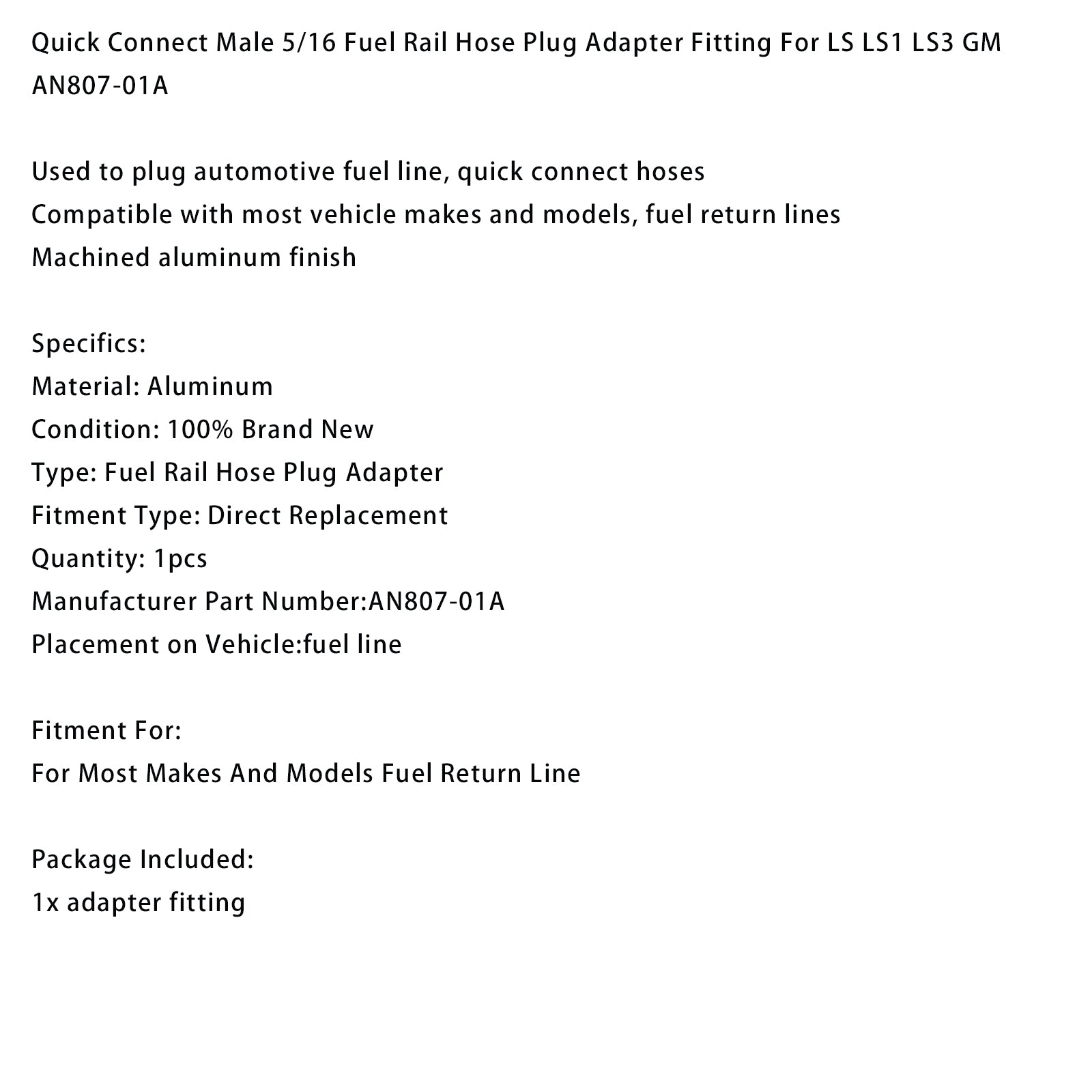 Adaptateur de raccord rapide mâle 5/16 pour tuyau de rampe d'injection LS LS1 LS3 AN807-01A