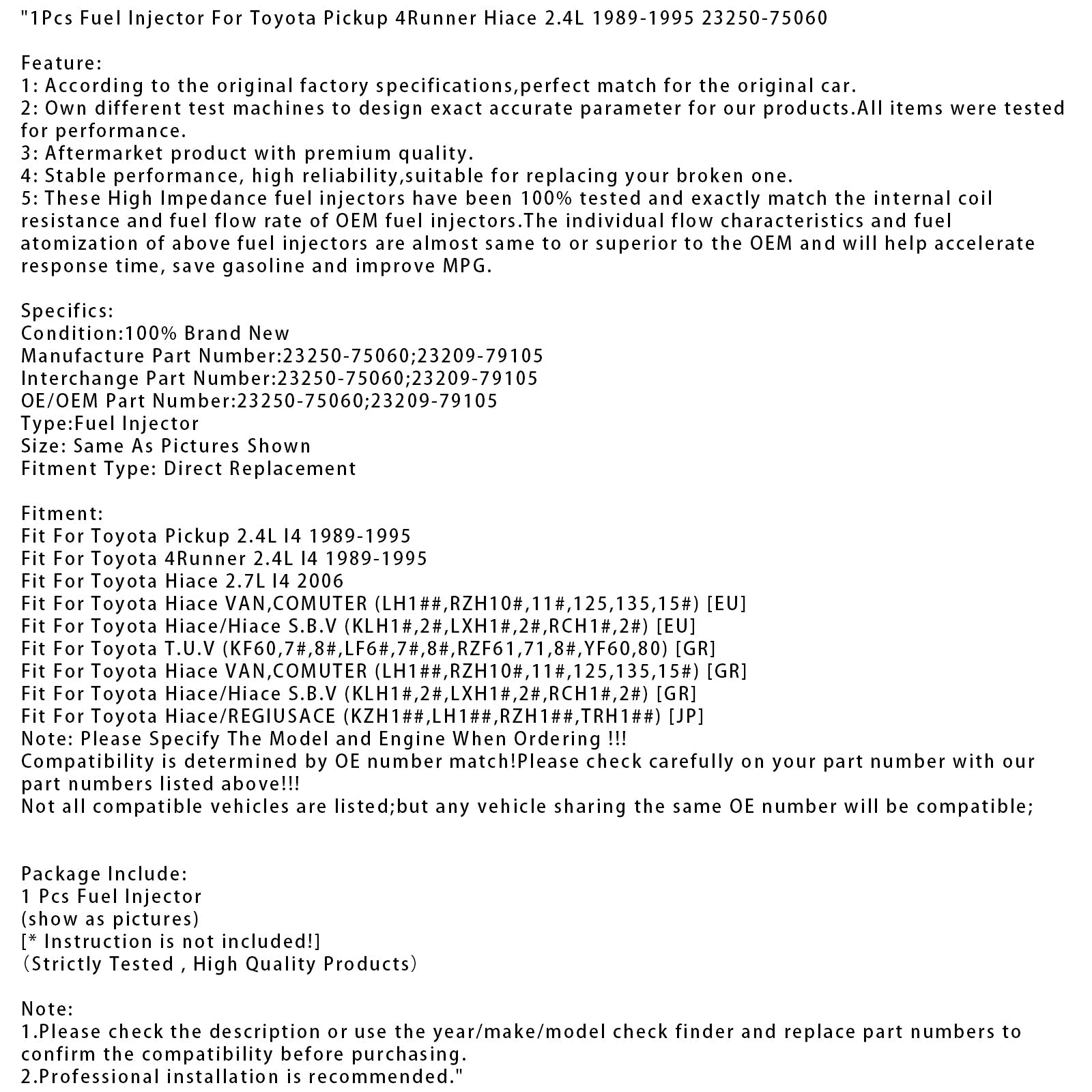 1 injecteur de carburant pour Toyota Pickup 4Runner Hiace 2.4L 1989-1995 23250-75060